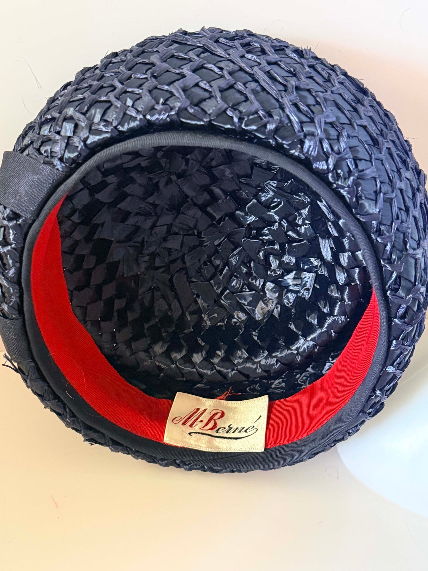 Vintage Mr. Berné Blue Black Raffia Pillbox Hat, 1960s Straw Cocktail Hat, Mid Century Structured Hat, Designer Millinery, Classic Black Fascinator