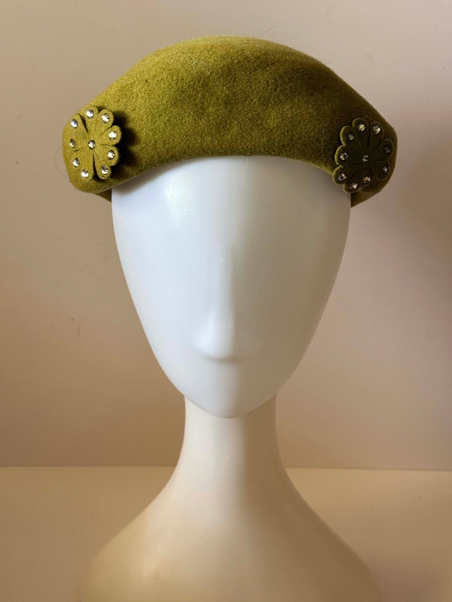 Vintage 1950s Olive Green Wool Pillbox Hat | Carol Hats Carolina | Rhinestone Floral Trim Hat | Mid Century Cocktail Hat | Mad Men Millinery