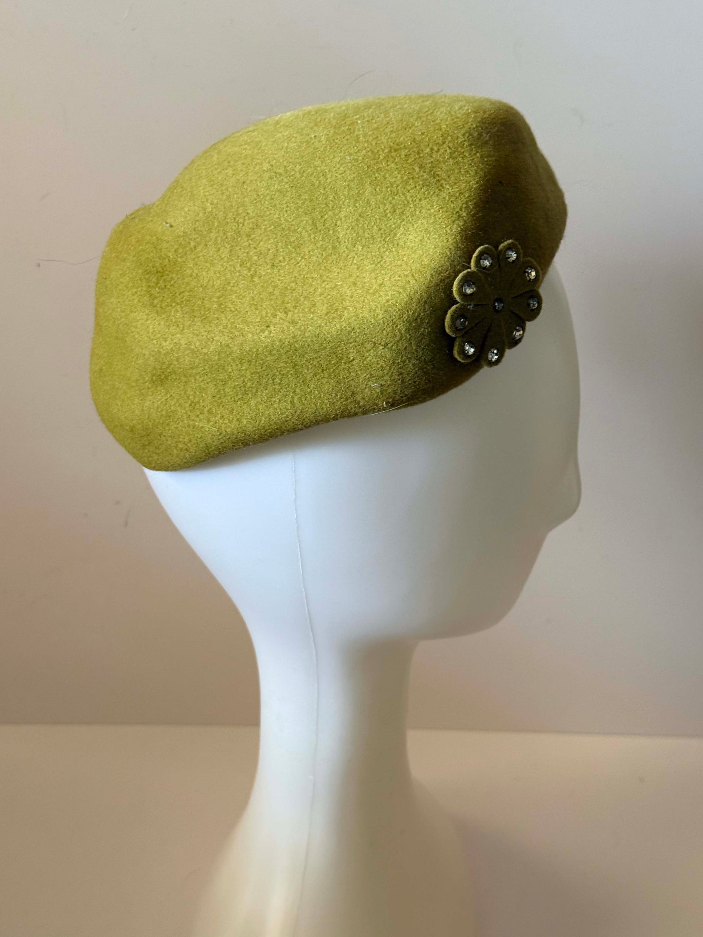 Vintage 1950s Olive Green Wool Pillbox Hat | Carol Hats Carolina | Rhinestone Floral Trim Hat | Mid Century Cocktail Hat | Mad Men Millinery