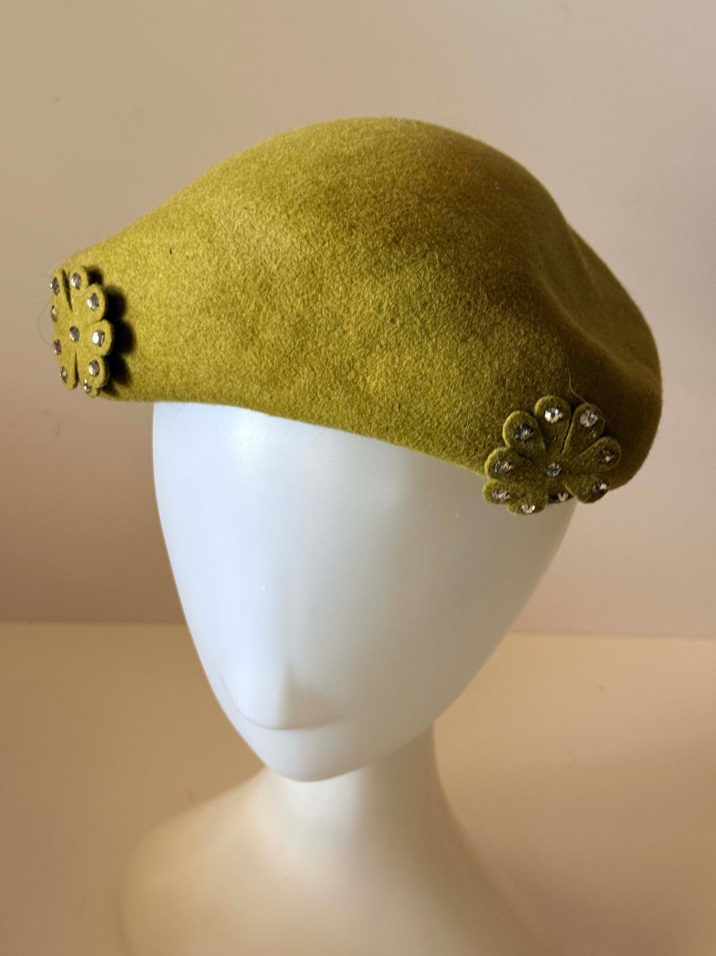 Vintage 1950s Olive Green Wool Pillbox Hat | Carol Hats Carolina | Rhinestone Floral Trim Hat | Mid Century Cocktail Hat | Mad Men Millinery
