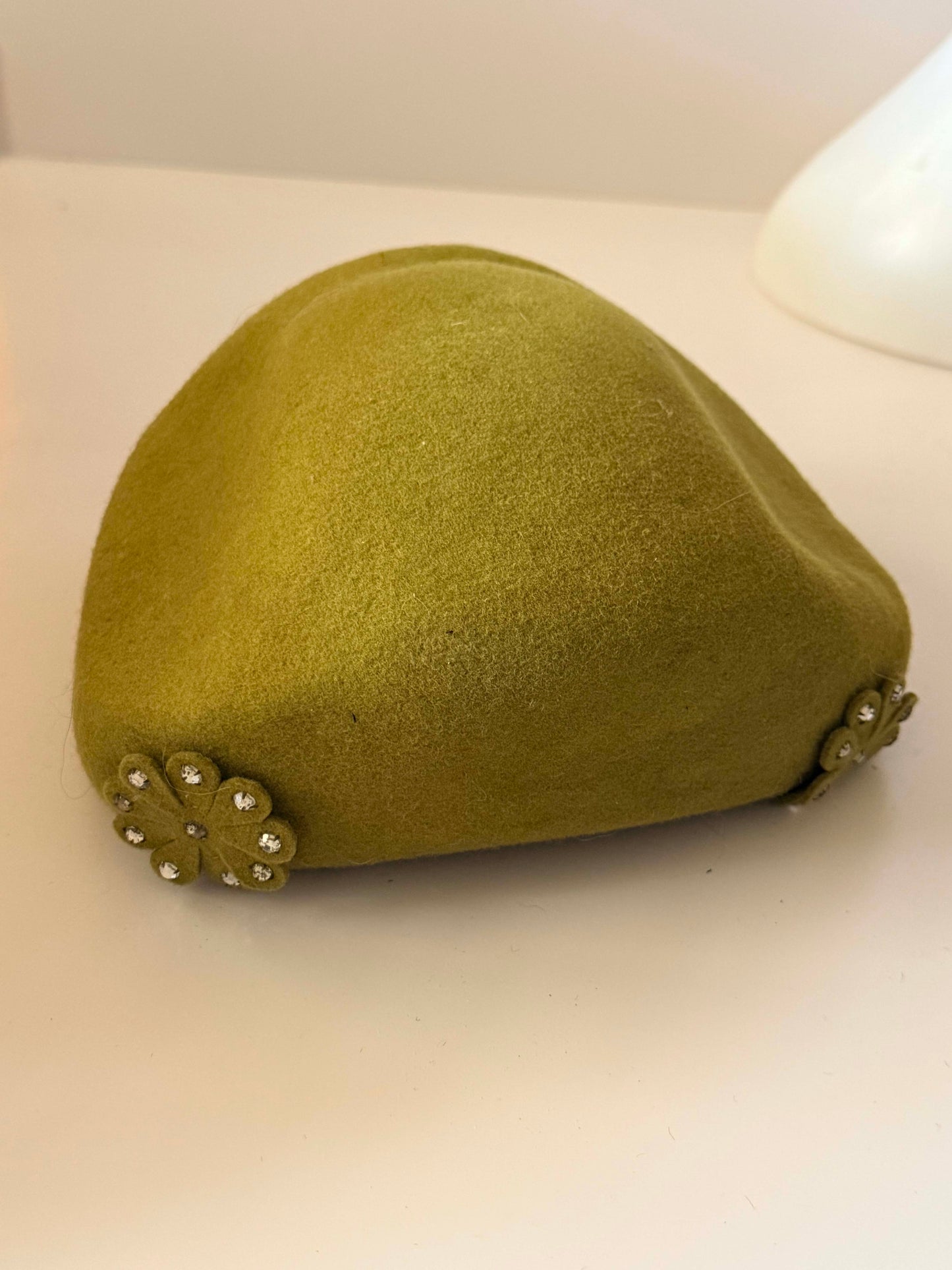 Vintage 1950s Olive Green Wool Pillbox Hat | Carol Hats Carolina | Rhinestone Floral Trim Hat | Mid Century Cocktail Hat | Mad Men Millinery
