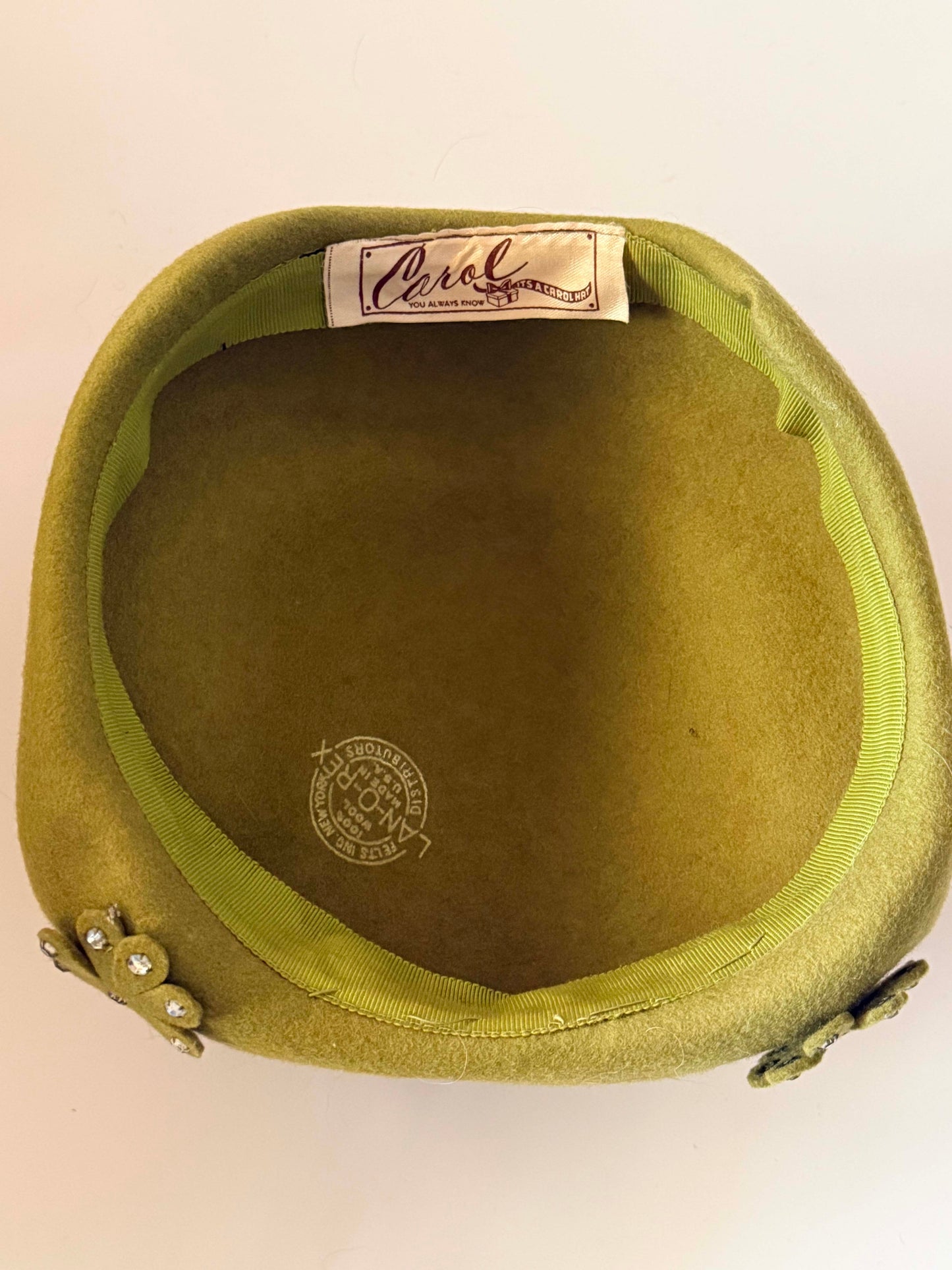 Vintage 1950s Olive Green Wool Pillbox Hat | Carol Hats Carolina | Rhinestone Floral Trim Hat | Mid Century Cocktail Hat | Mad Men Millinery