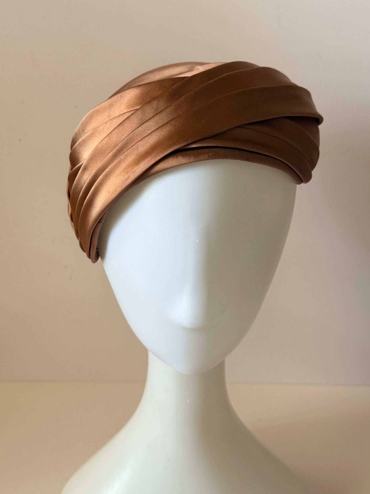 Vintage Bronze Satin Turban Style Half Hat | 1960s Draped Cocktail Hat | Champagne Brown Pillbox Turban | Elegant Evening Millinery | Old Hollywood Headpiece