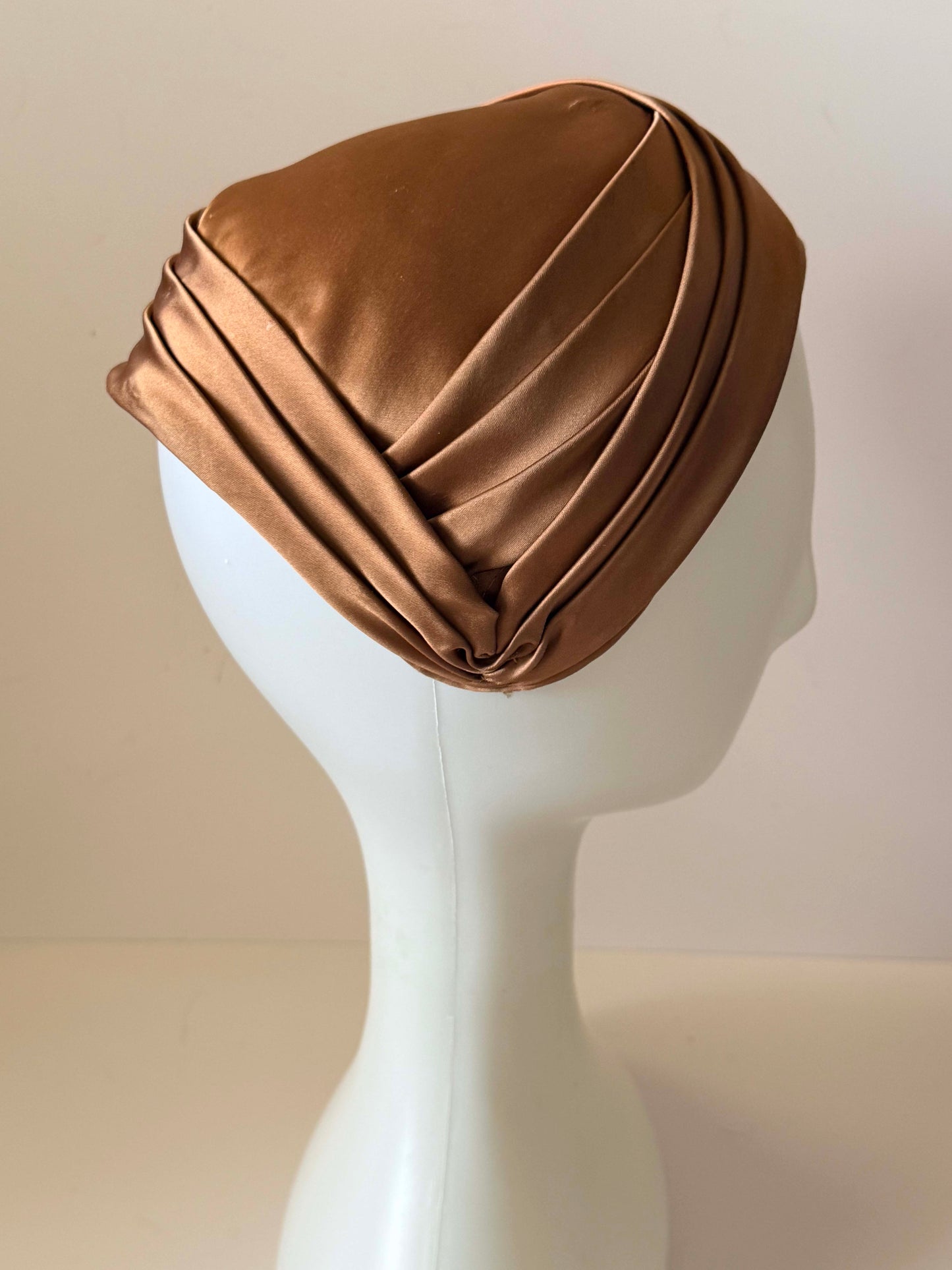 Vintage Bronze Satin Turban Style Half Hat | 1960s Draped Cocktail Hat | Champagne Brown Pillbox Turban | Elegant Evening Millinery | Old Hollywood Headpiece