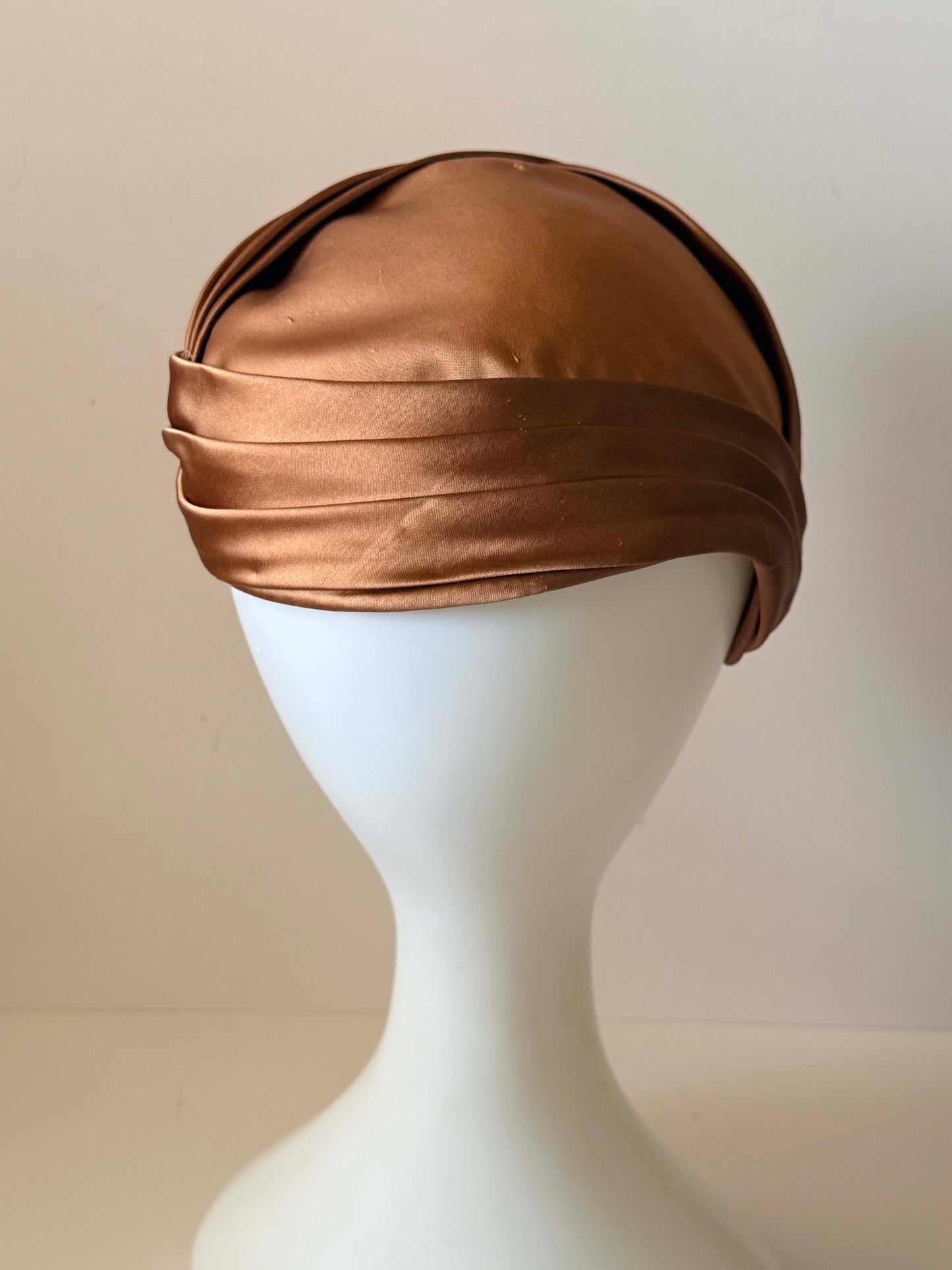 Vintage Bronze Satin Turban Style Half Hat | 1960s Draped Cocktail Hat | Champagne Brown Pillbox Turban | Elegant Evening Millinery | Old Hollywood Headpiece