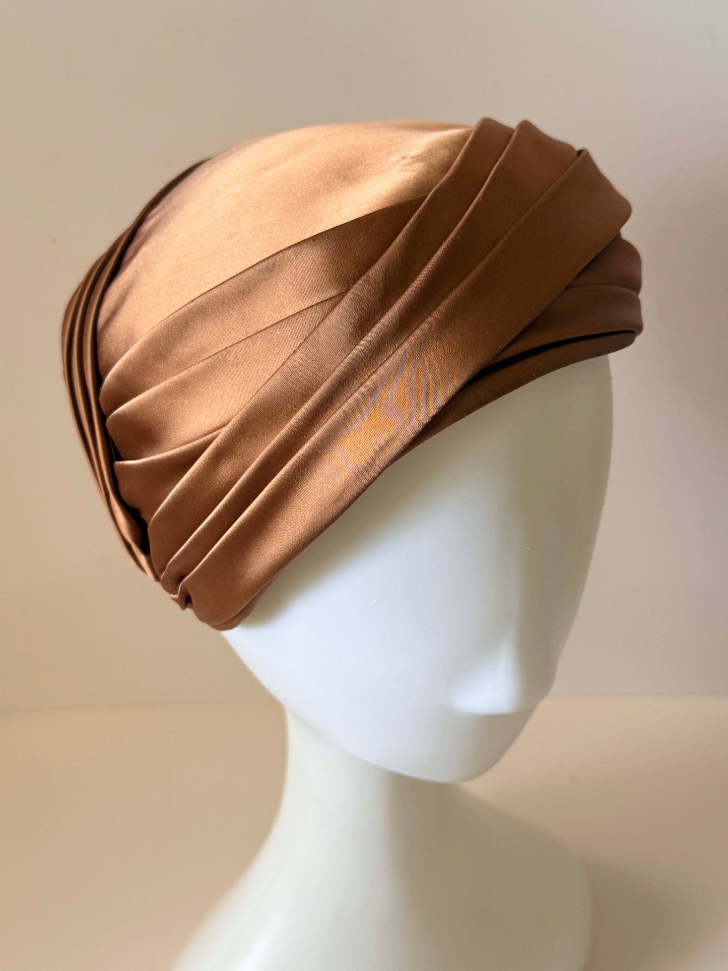 Vintage Bronze Satin Turban Style Half Hat | 1960s Draped Cocktail Hat | Champagne Brown Pillbox Turban | Elegant Evening Millinery | Old Hollywood Headpiece