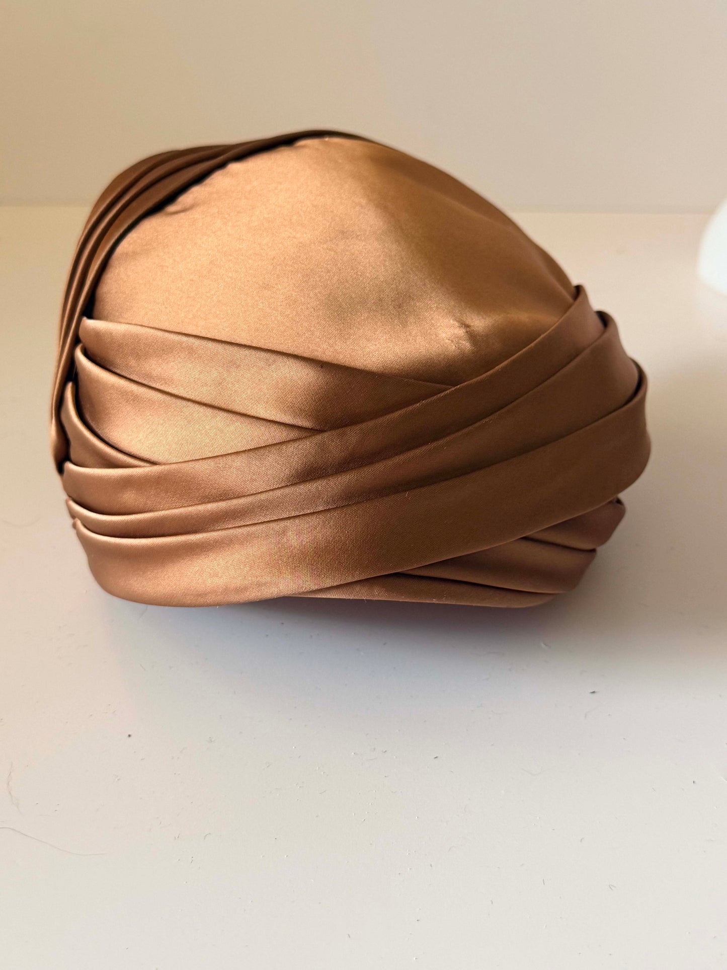 Vintage Bronze Satin Turban Style Half Hat | 1960s Draped Cocktail Hat | Champagne Brown Pillbox Turban | Elegant Evening Millinery | Old Hollywood Headpiece