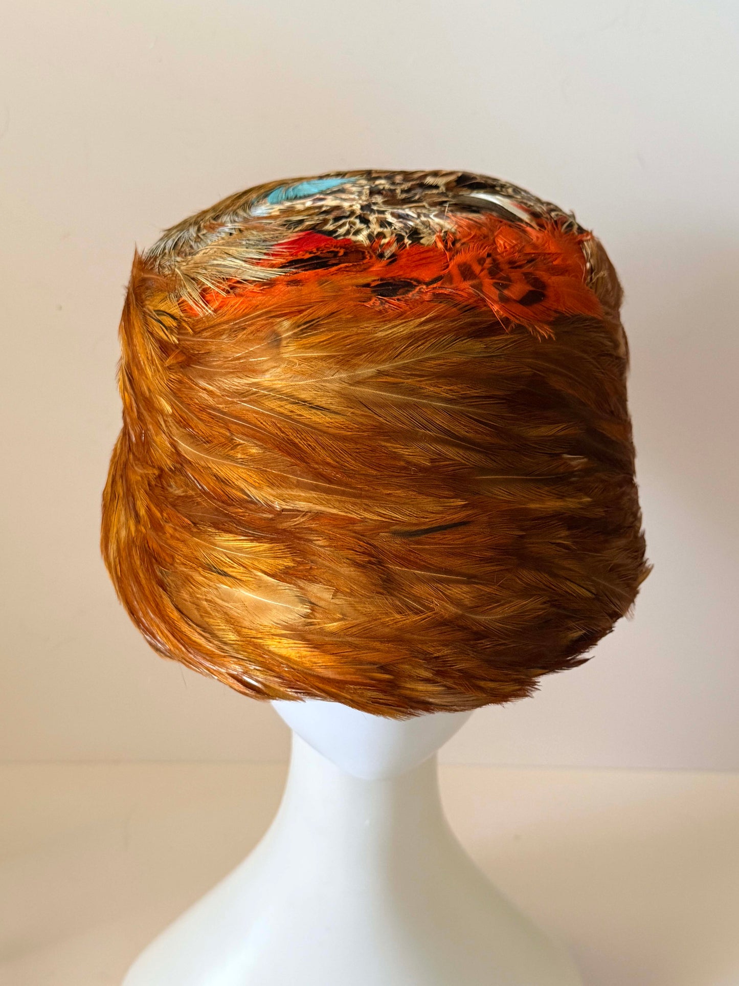 Vintage 1950s Feather Cloche Hat | Pheasant Feather Cocktail Hat | Mid Century Feathered Pillbox | Autumn Millinery | Statement Vintage Hat