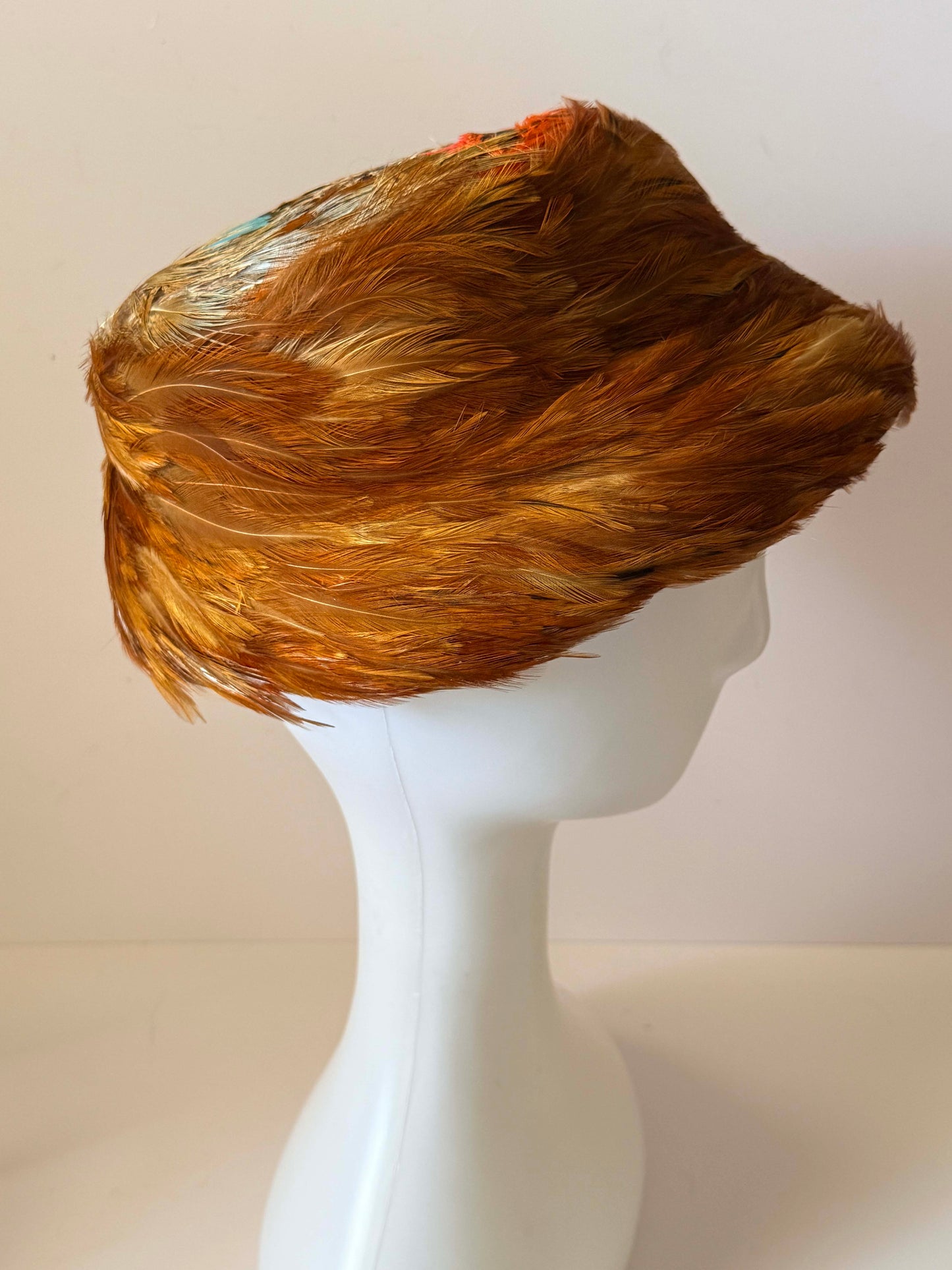 Vintage 1950s Feather Cloche Hat | Pheasant Feather Cocktail Hat | Mid Century Feathered Pillbox | Autumn Millinery | Statement Vintage Hat