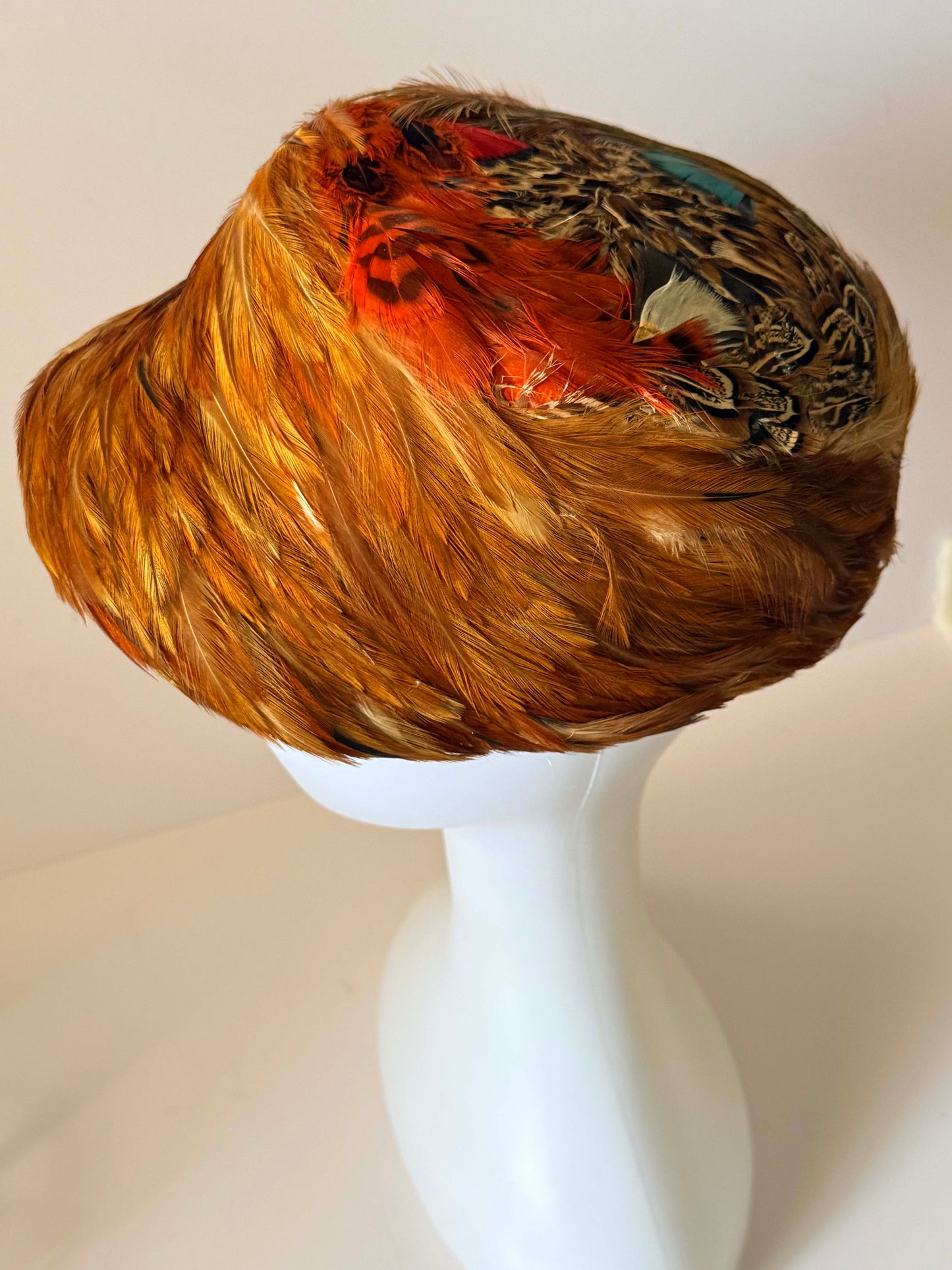 Vintage 1950s Feather Cloche Hat | Pheasant Feather Cocktail Hat | Mid Century Feathered Pillbox | Autumn Millinery | Statement Vintage Hat