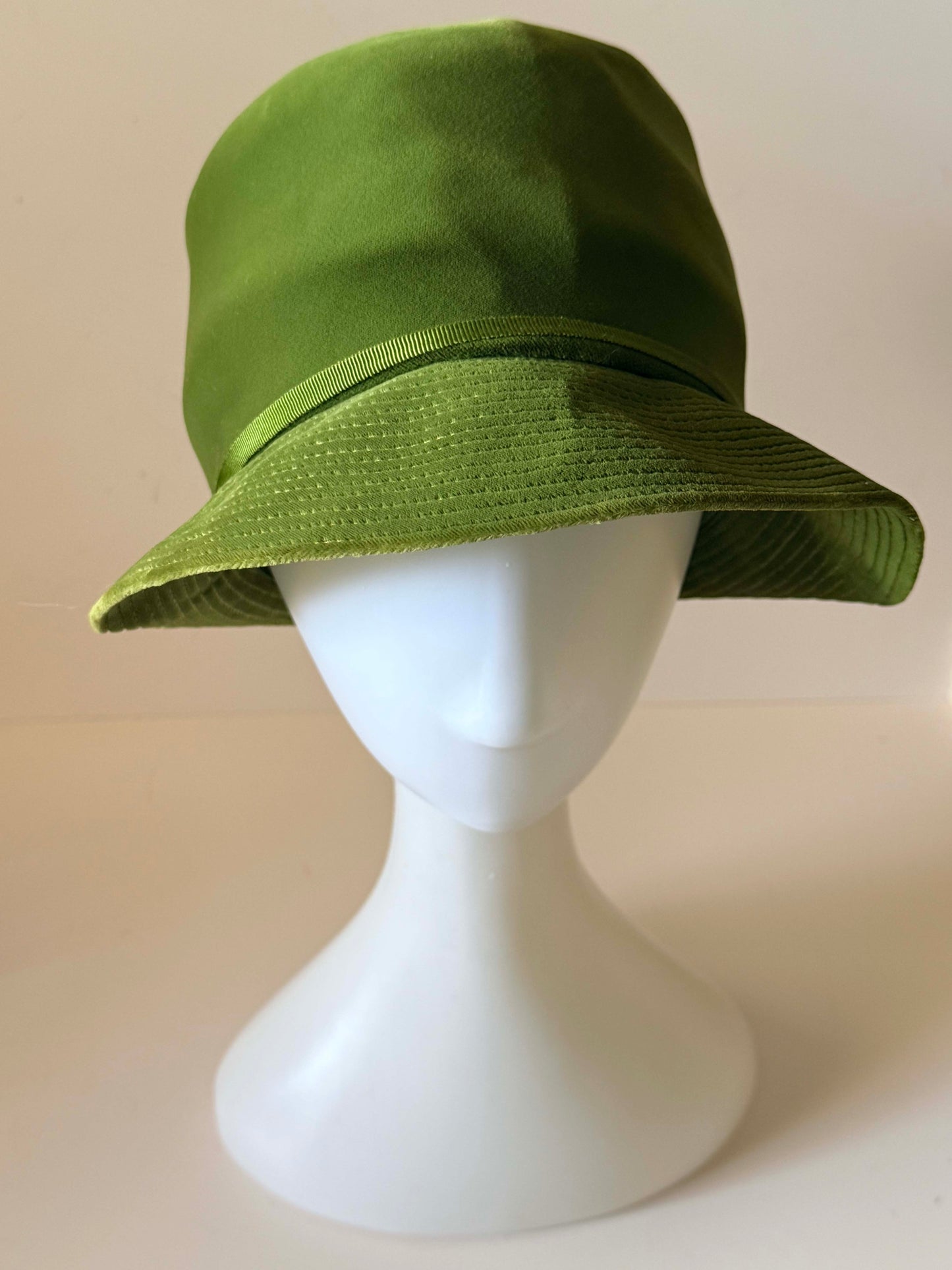 Vintage 1960s Olive Green Velvet Cloche Hat | Mod Bucket Hat | Mid Century Velvet Hat | Retro Women's Fashion Hat | Mad Men Style