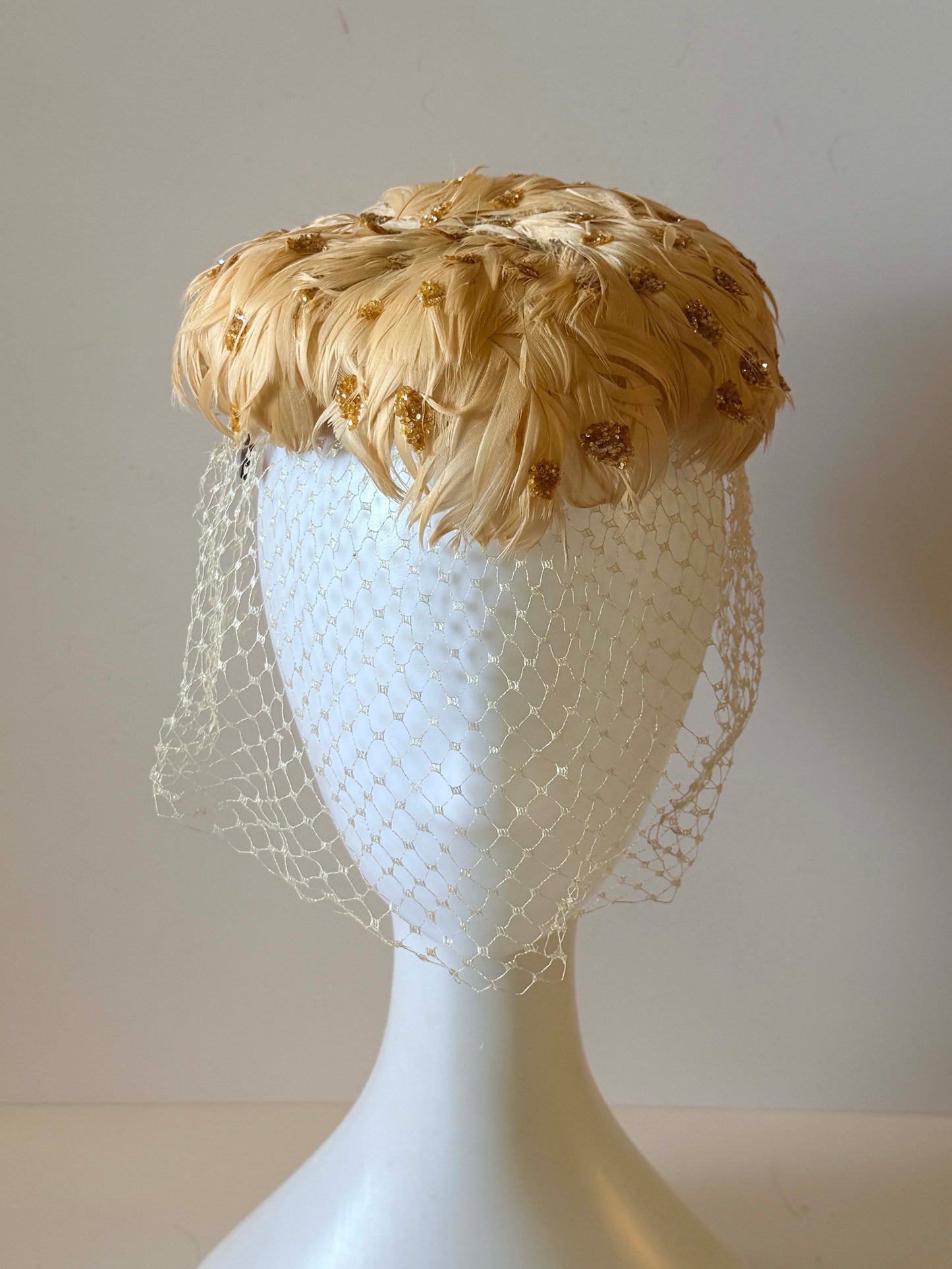 Miss Sally Victor Feather Hat | Blush Pink Feather Cocktail Hat | Gold Glittery Veiled Fascinator | Vintage Bridal Hat | Couture Millinery