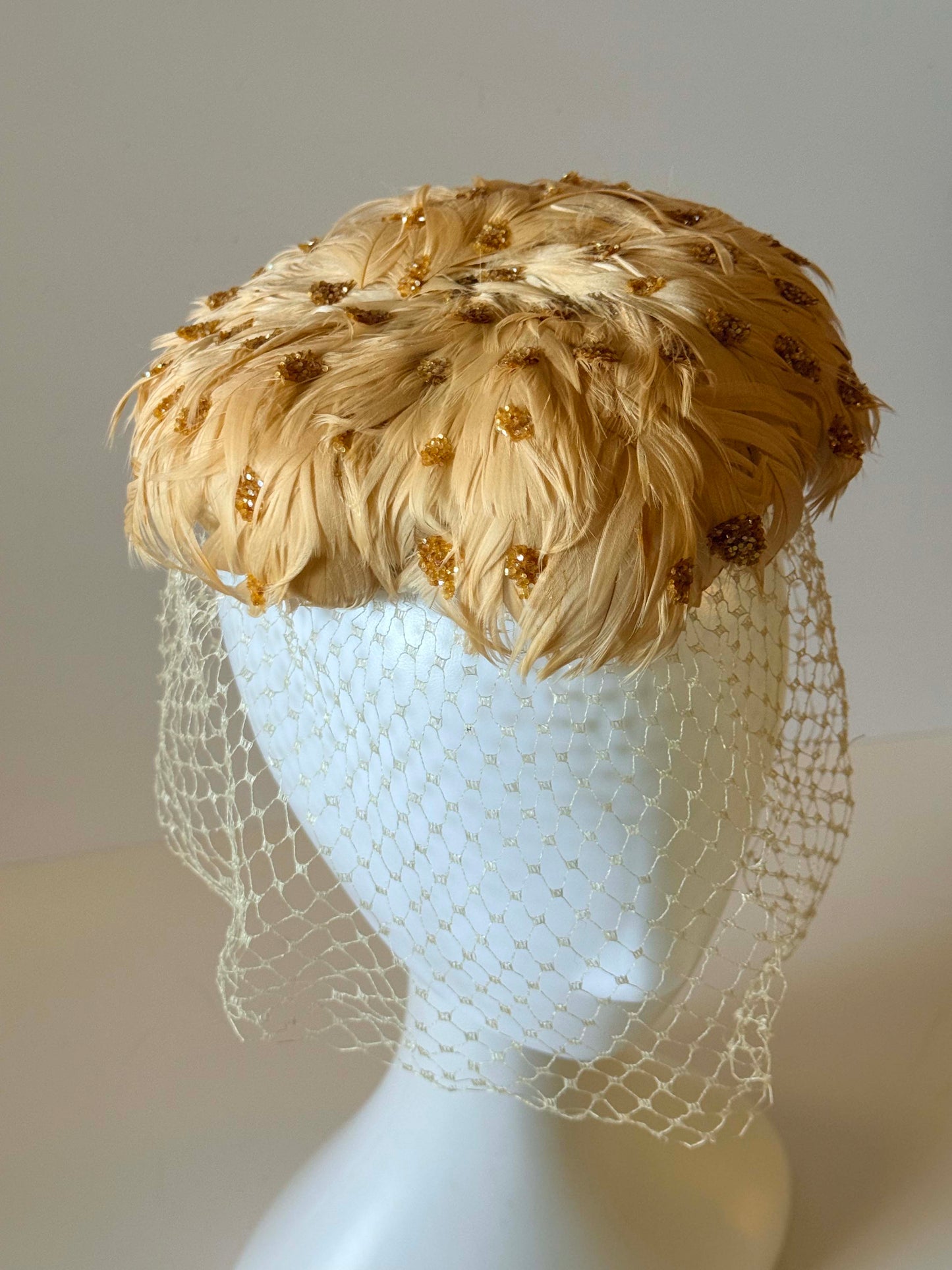 Miss Sally Victor Feather Hat | Blush Pink Feather Cocktail Hat | Gold Glittery Veiled Fascinator | Vintage Bridal Hat | Couture Millinery