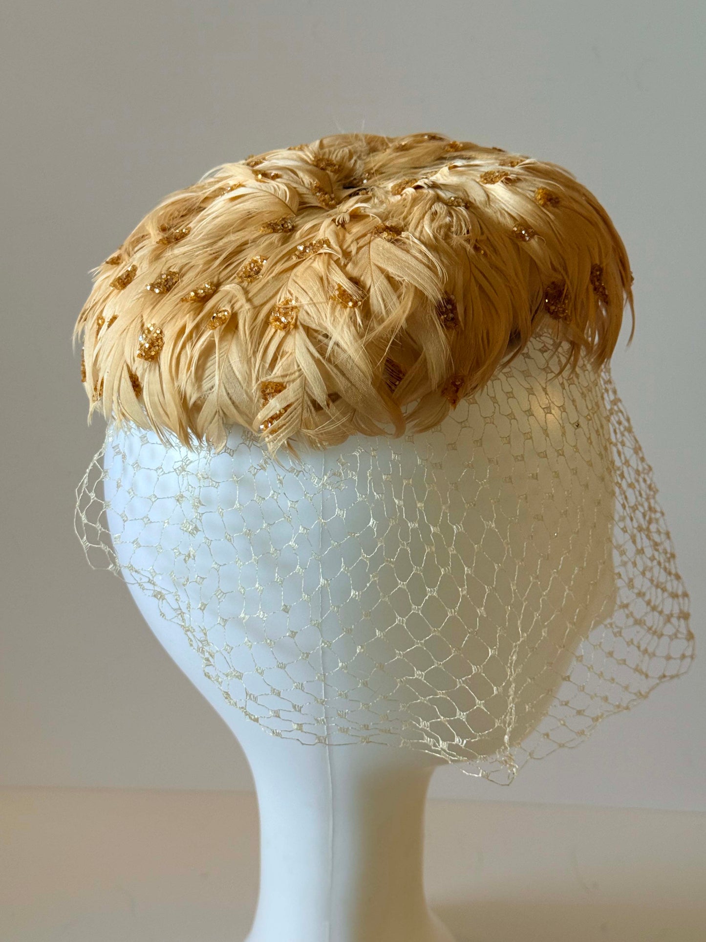 Miss Sally Victor Feather Hat | Blush Pink Feather Cocktail Hat | Gold Glittery Veiled Fascinator | Vintage Bridal Hat | Couture Millinery