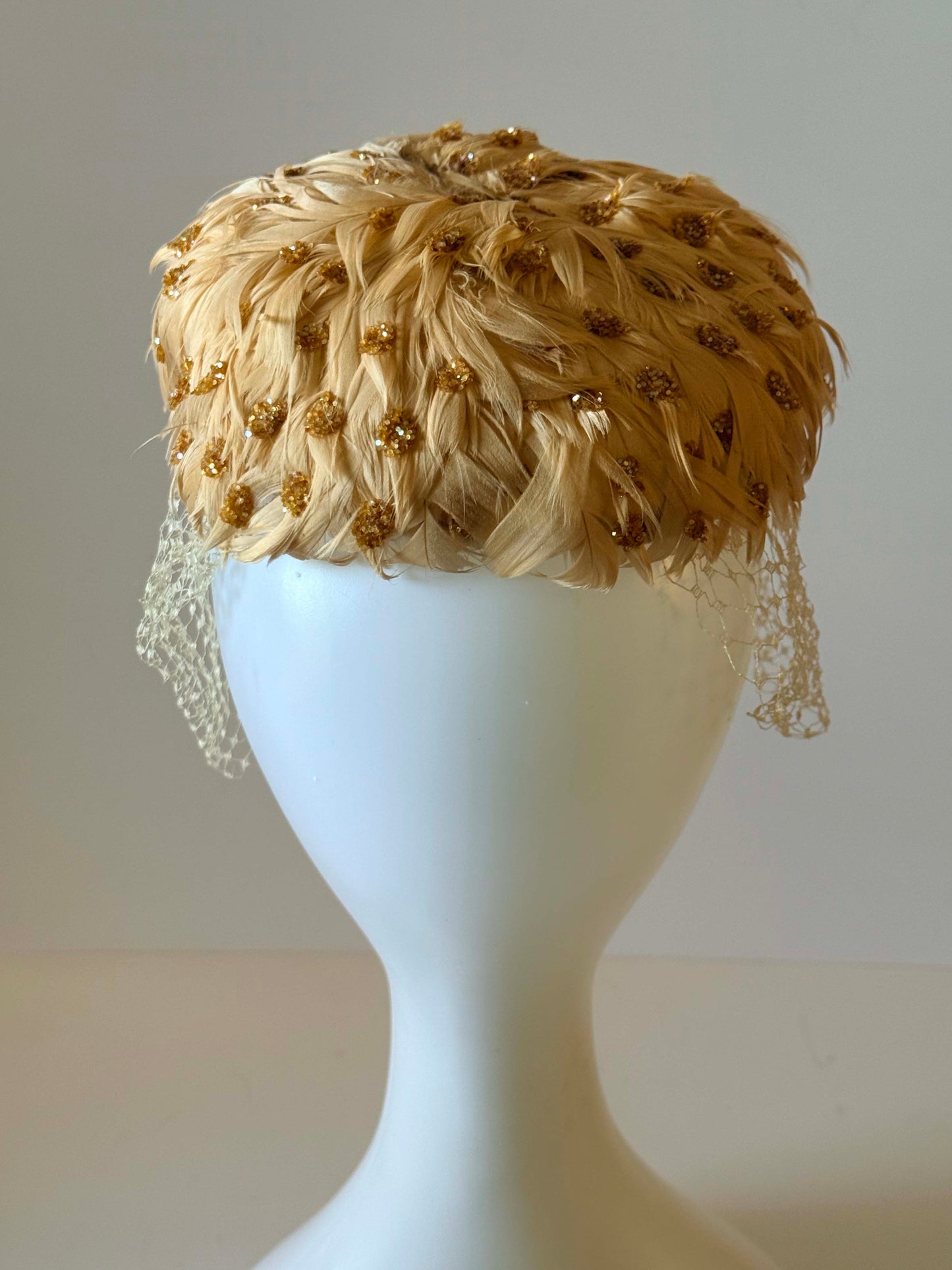 Miss Sally Victor Feather Hat | Blush Pink Feather Cocktail Hat | Gold Glittery Veiled Fascinator | Vintage Bridal Hat | Couture Millinery