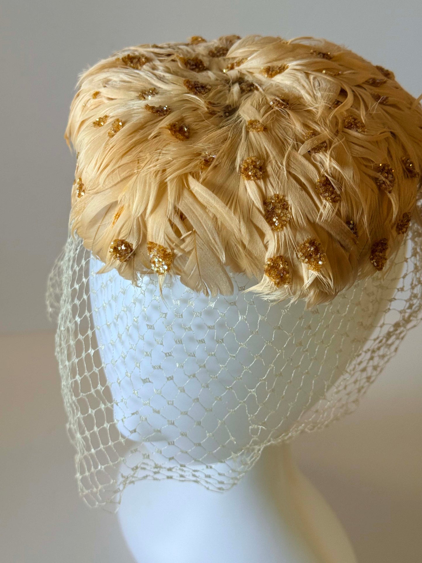 Miss Sally Victor Feather Hat | Blush Pink Feather Cocktail Hat | Gold Glittery Veiled Fascinator | Vintage Bridal Hat | Couture Millinery