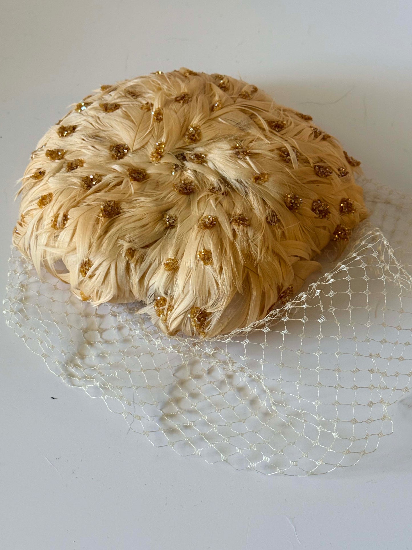 Miss Sally Victor Feather Hat | Blush Pink Feather Cocktail Hat | Gold Glittery Veiled Fascinator | Vintage Bridal Hat | Couture Millinery