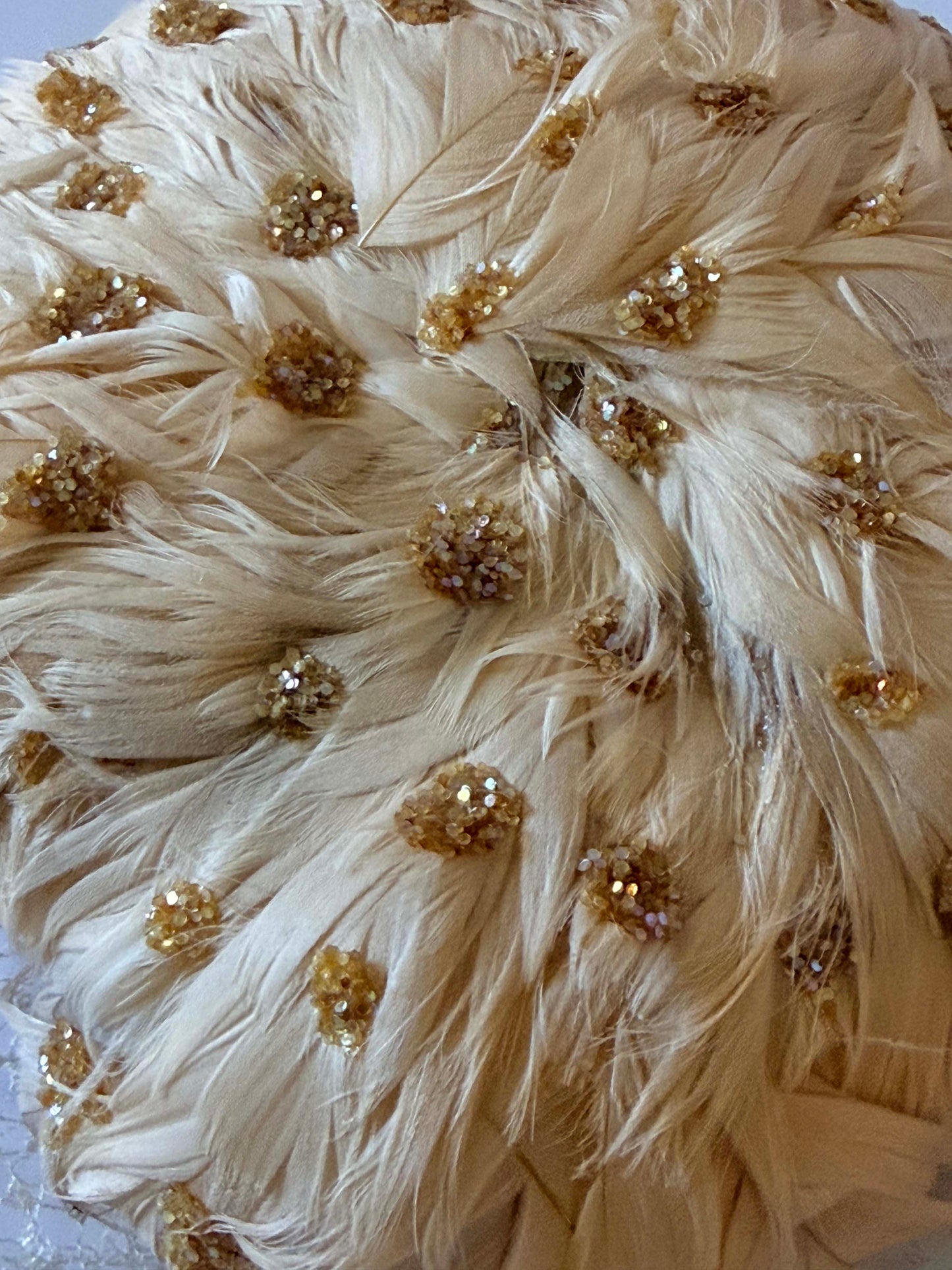 Miss Sally Victor Feather Hat | Blush Pink Feather Cocktail Hat | Gold Glittery Veiled Fascinator | Vintage Bridal Hat | Couture Millinery