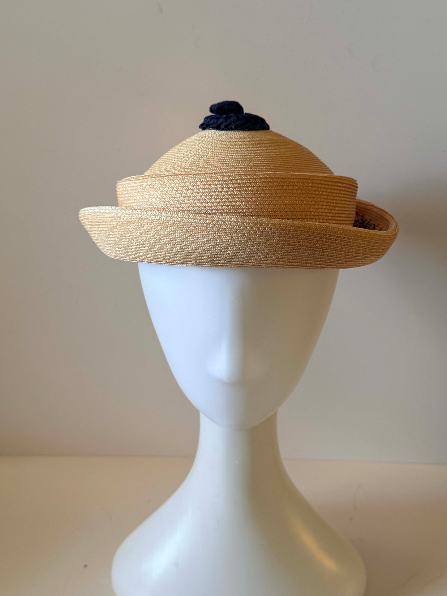 Vintage Medfield Straw Hat | 1960s Navy & Blush Pink Breton Hat | Mid Century Summer Hat | Church Hat | Wedding Guest Hat