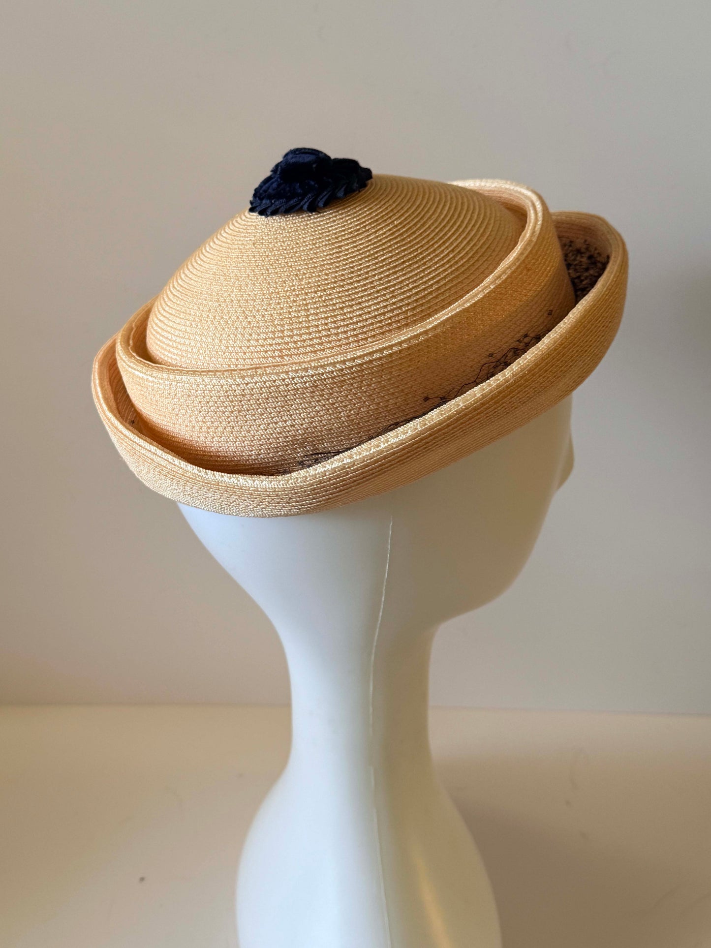 Vintage Medfield Straw Hat | 1960s Navy & Blush Pink Breton Hat | Mid Century Summer Hat | Church Hat | Wedding Guest Hat