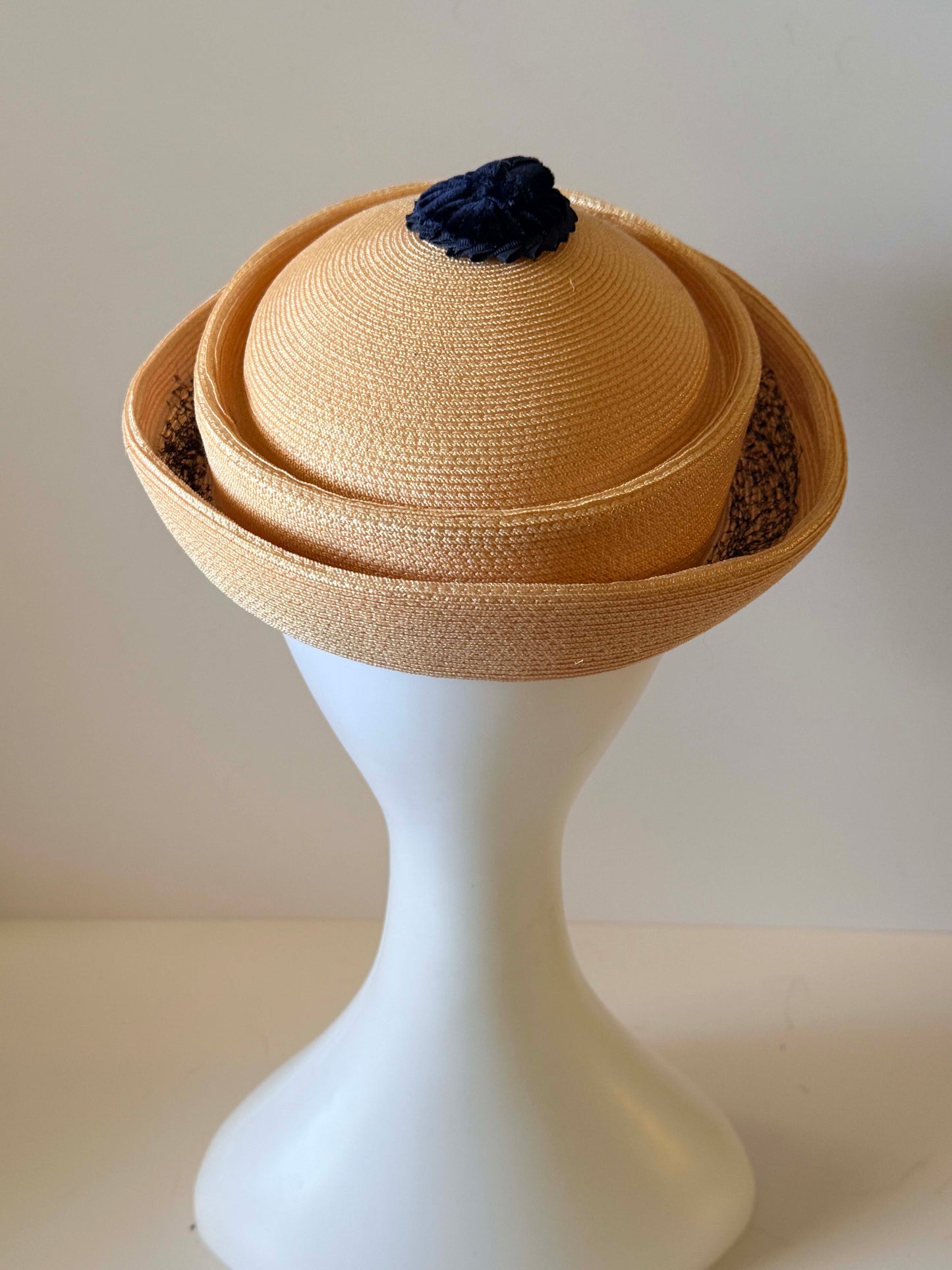 Vintage Medfield Straw Hat | 1960s Navy & Blush Pink Breton Hat | Mid Century Summer Hat | Church Hat | Wedding Guest Hat