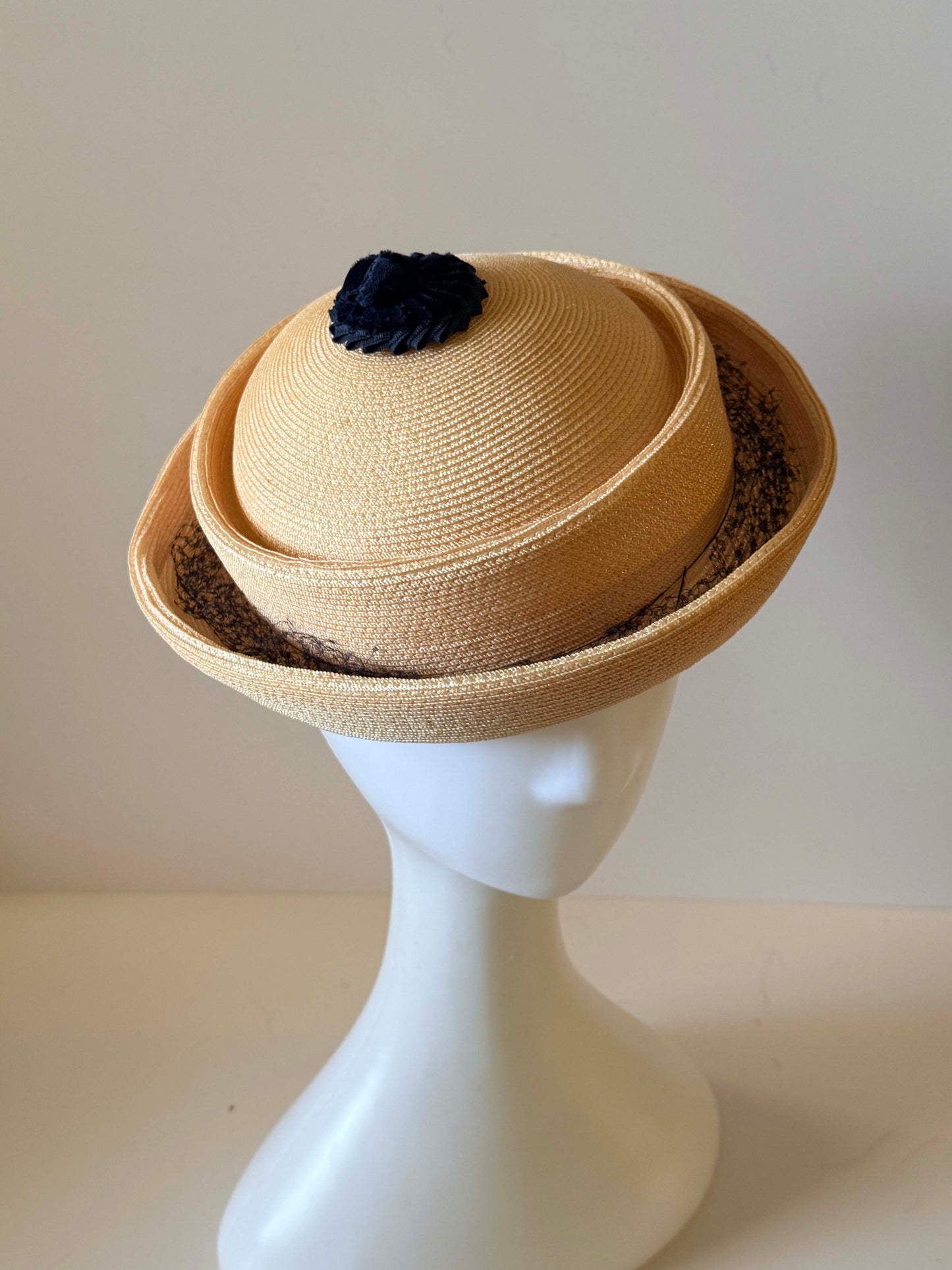 Vintage Medfield Straw Hat | 1960s Navy & Blush Pink Breton Hat | Mid Century Summer Hat | Church Hat | Wedding Guest Hat