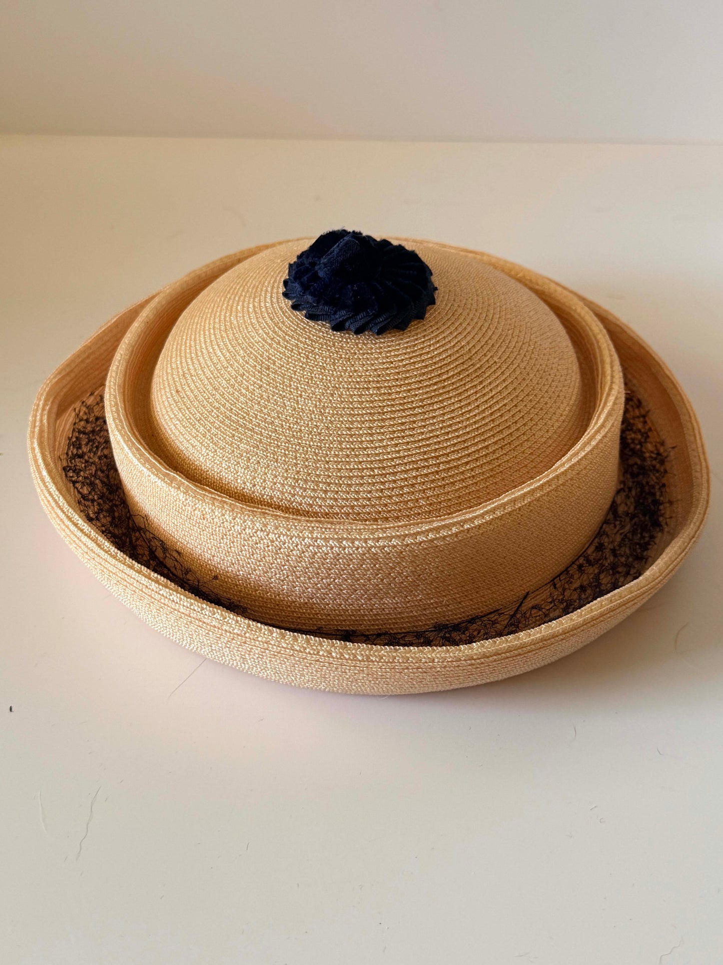 Vintage Medfield Straw Hat | 1960s Navy & Blush Pink Breton Hat | Mid Century Summer Hat | Church Hat | Wedding Guest Hat