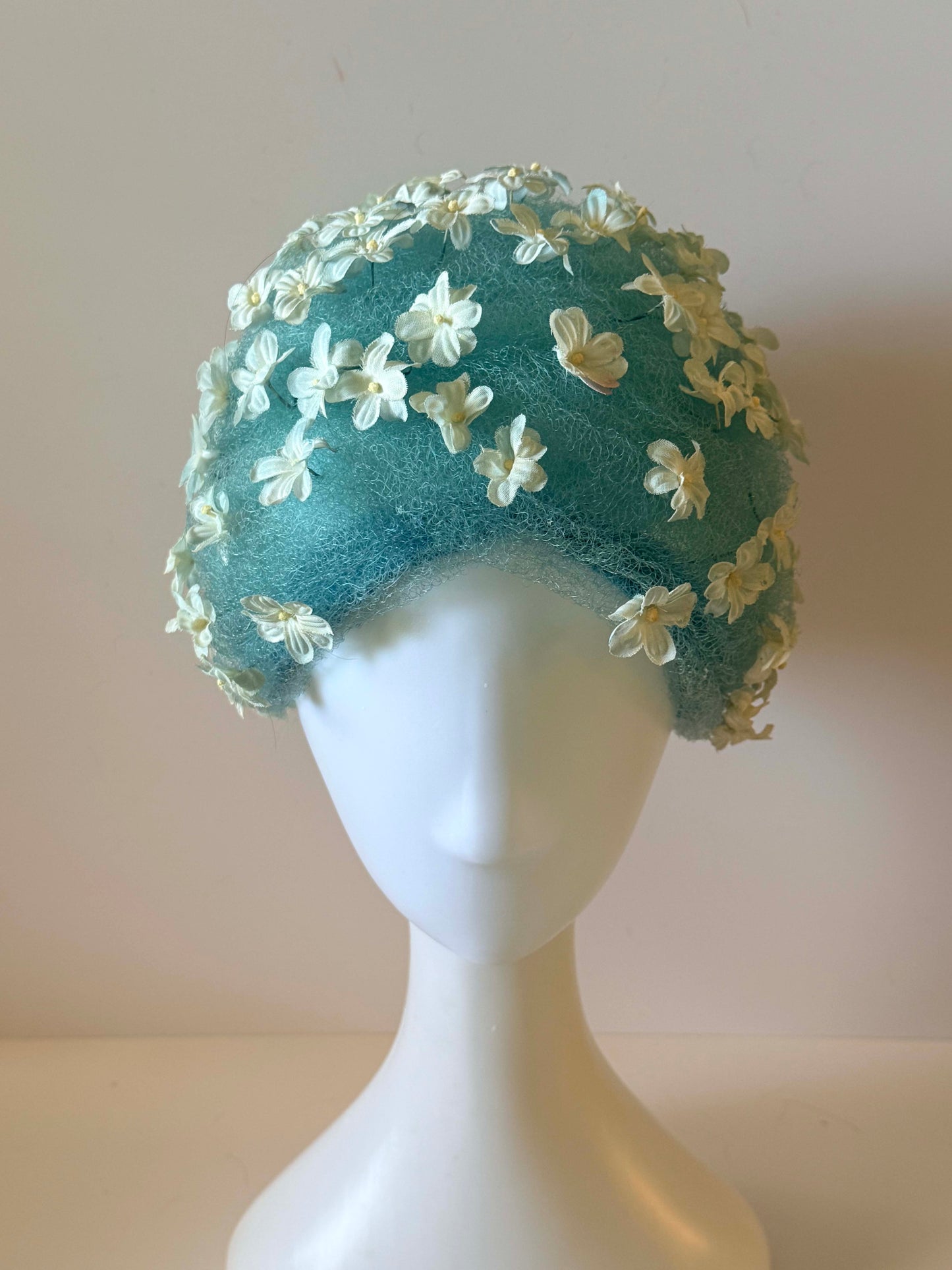 1950s Christian Dior Chapeaux Aqua Blue Floral Hat | Dior Paris New York Cocktail Hat | Floral Pillbox Hat | Something Blue Bridal Fascinator