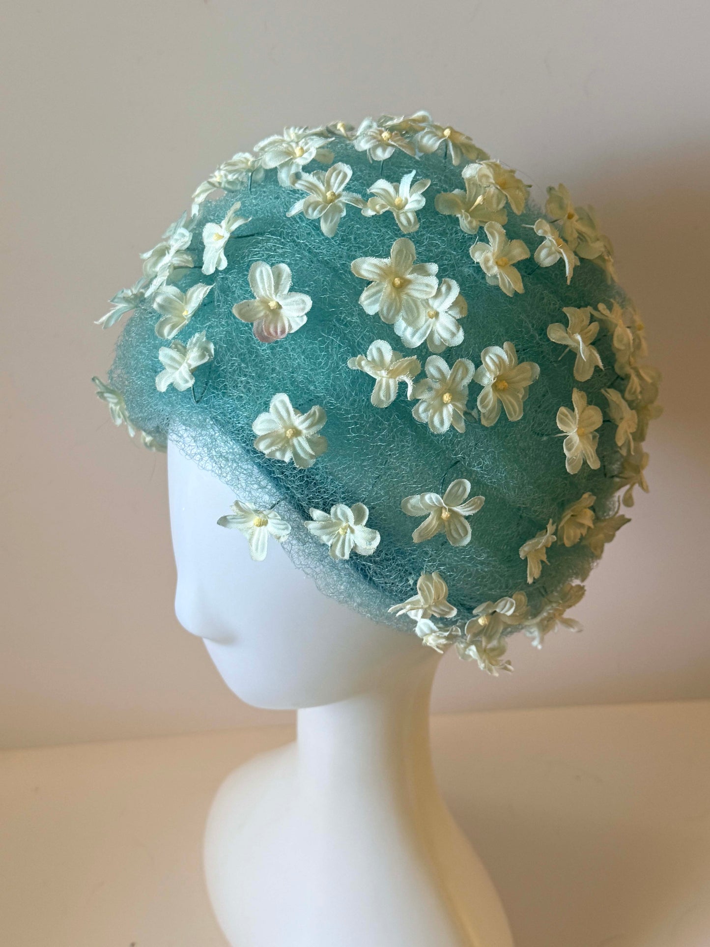 1950s Christian Dior Chapeaux Aqua Blue Floral Hat | Dior Paris New York Cocktail Hat | Floral Pillbox Hat | Something Blue Bridal Fascinator