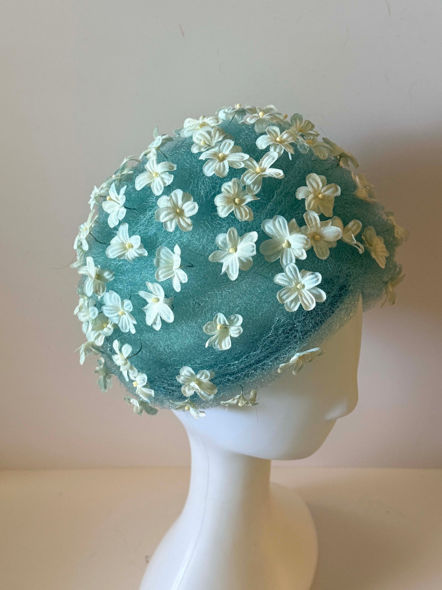 1950s Christian Dior Chapeaux Aqua Blue Floral Hat | Dior Paris New York Cocktail Hat | Floral Pillbox Hat | Something Blue Bridal Fascinator
