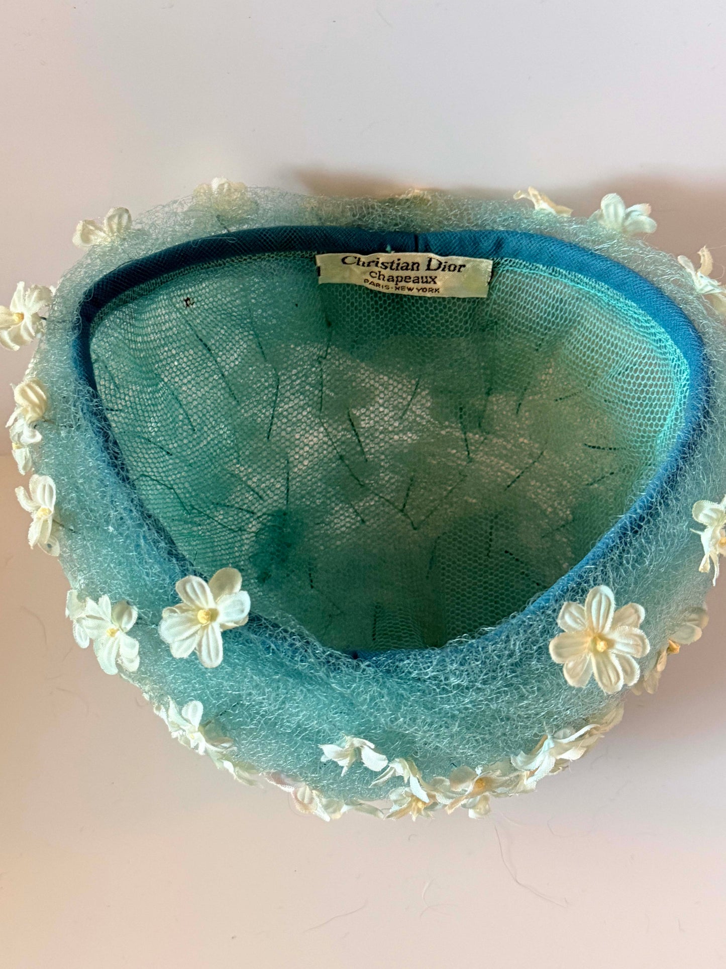 1950s Christian Dior Chapeaux Aqua Blue Floral Hat | Dior Paris New York Cocktail Hat | Floral Pillbox Hat | Something Blue Bridal Fascinator
