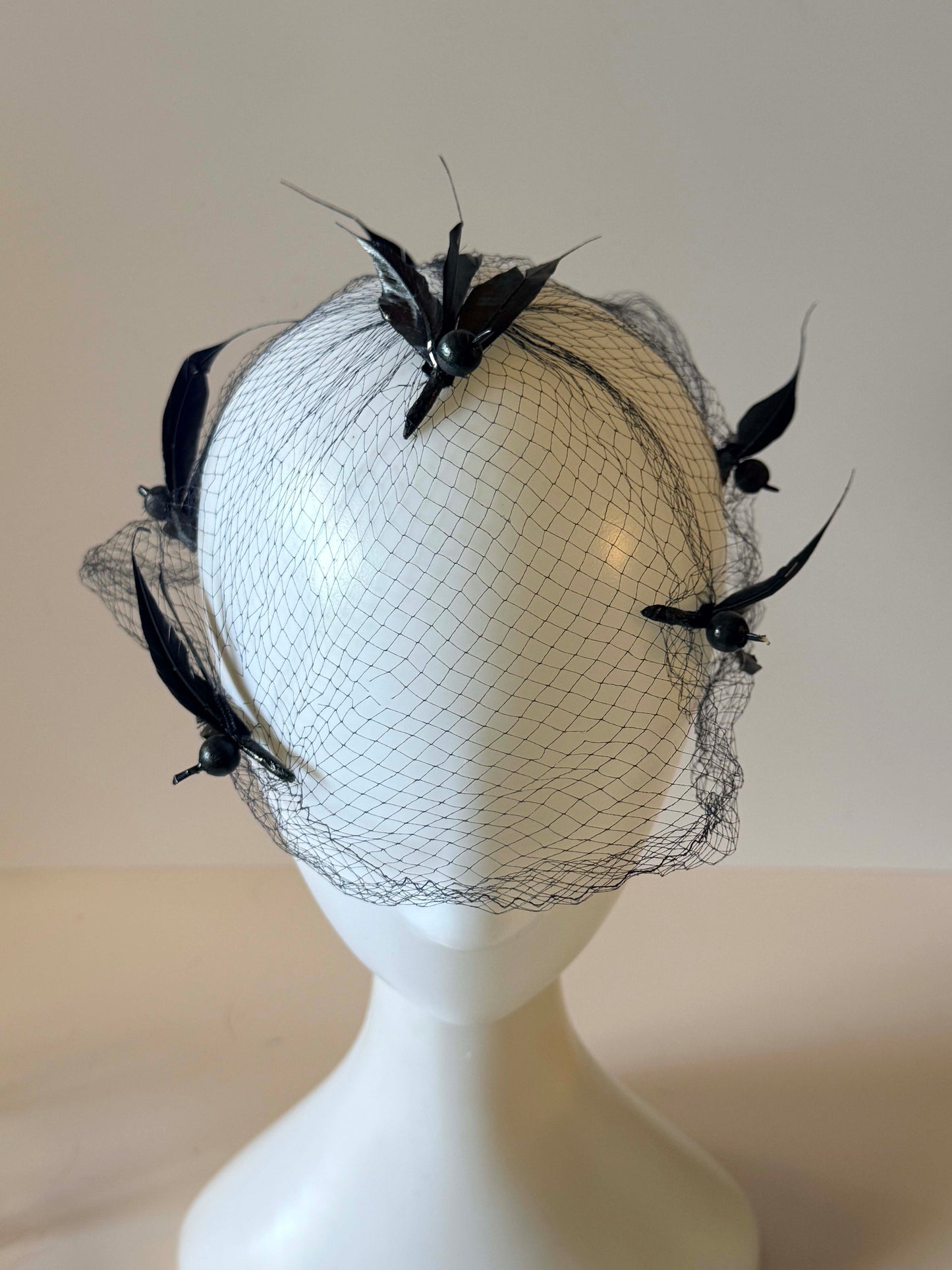 Vintage Black Birdcage Veil Fascinator, Gothic Feather Cocktail Hat, Pillbox Topper, Beret Accent, Alternative Bridal Headpiece