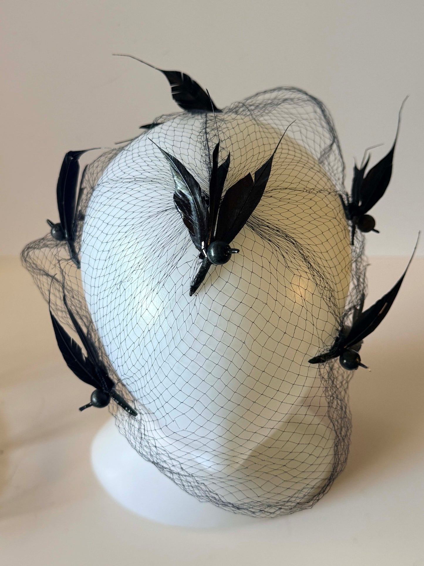 Vintage Black Birdcage Veil Fascinator, Gothic Feather Cocktail Hat, Pillbox Topper, Beret Accent, Alternative Bridal Headpiece