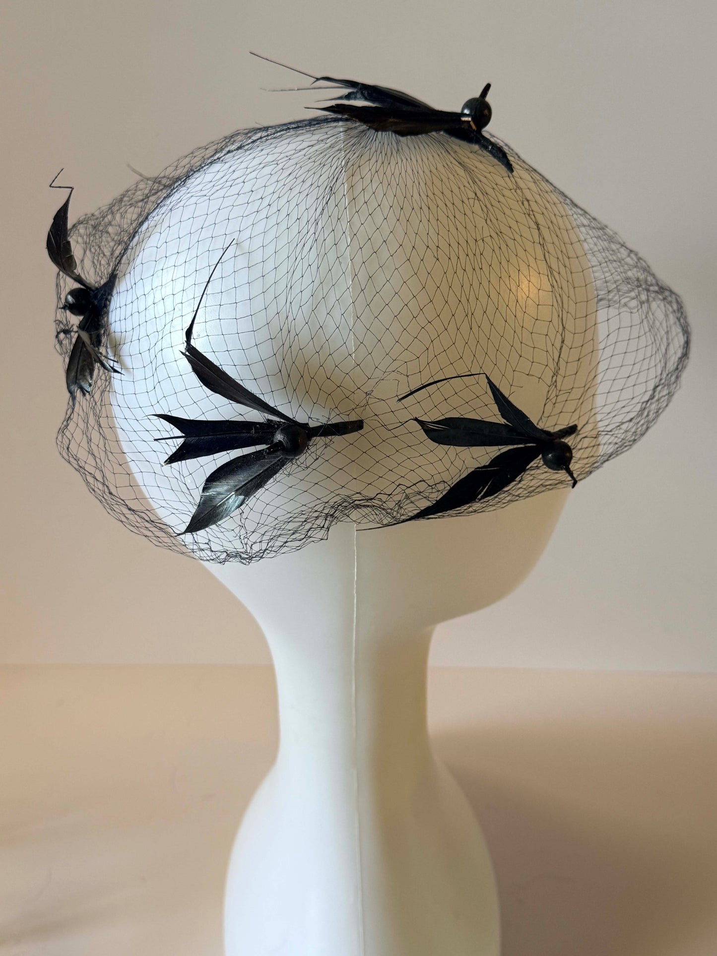 Vintage Black Birdcage Veil Fascinator, Gothic Feather Cocktail Hat, Pillbox Topper, Beret Accent, Alternative Bridal Headpiece