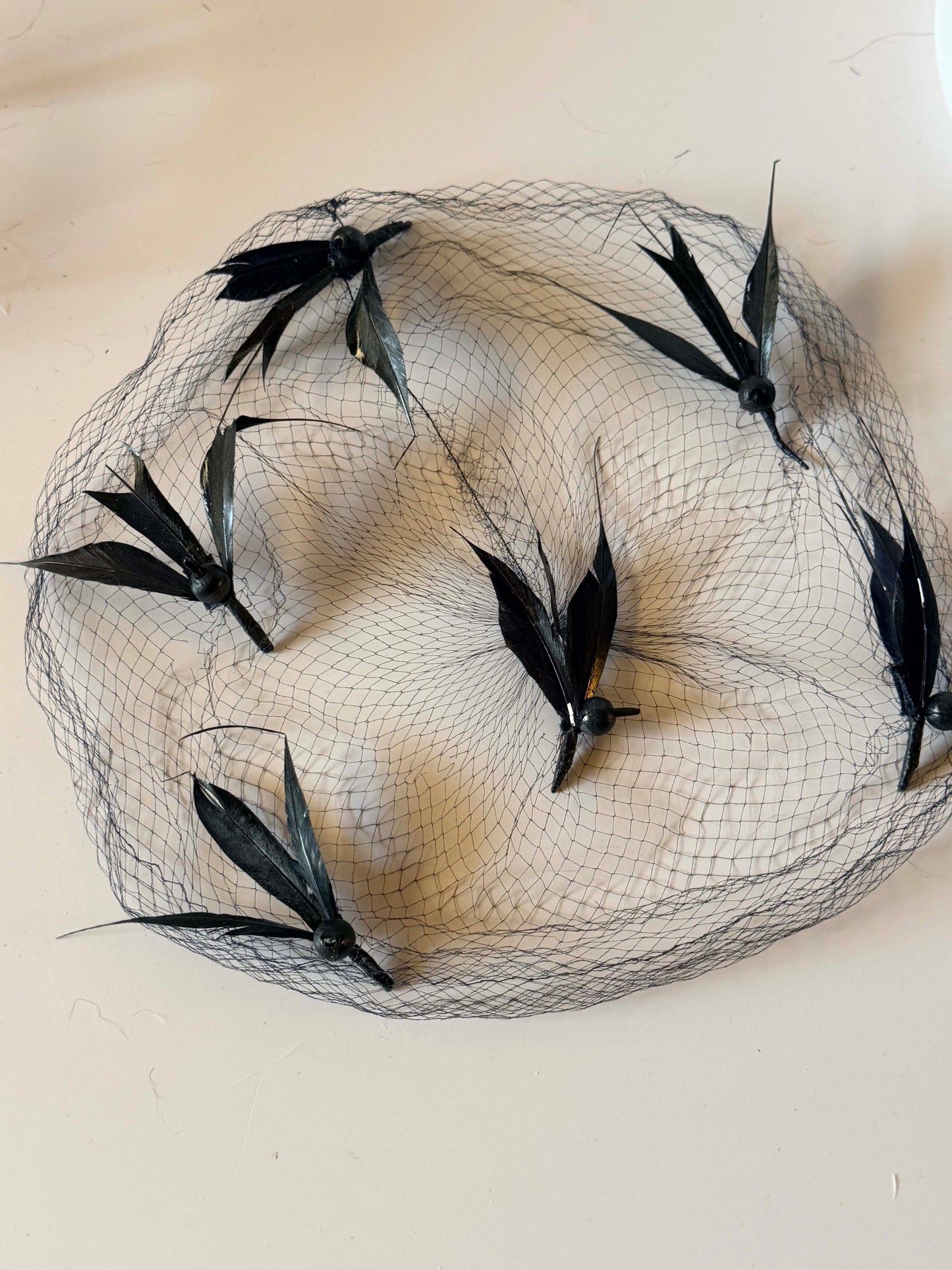 Vintage Black Birdcage Veil Fascinator, Gothic Feather Cocktail Hat, Pillbox Topper, Beret Accent, Alternative Bridal Headpiece