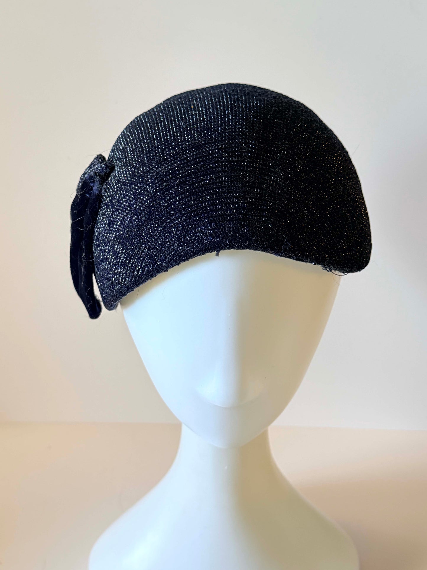 Vintage Navy Blue Silvery Hat | 1960s Half Hat | Structured Navy Metallic Half Hat | Mid Century Millinery | Wedding Guest Hat