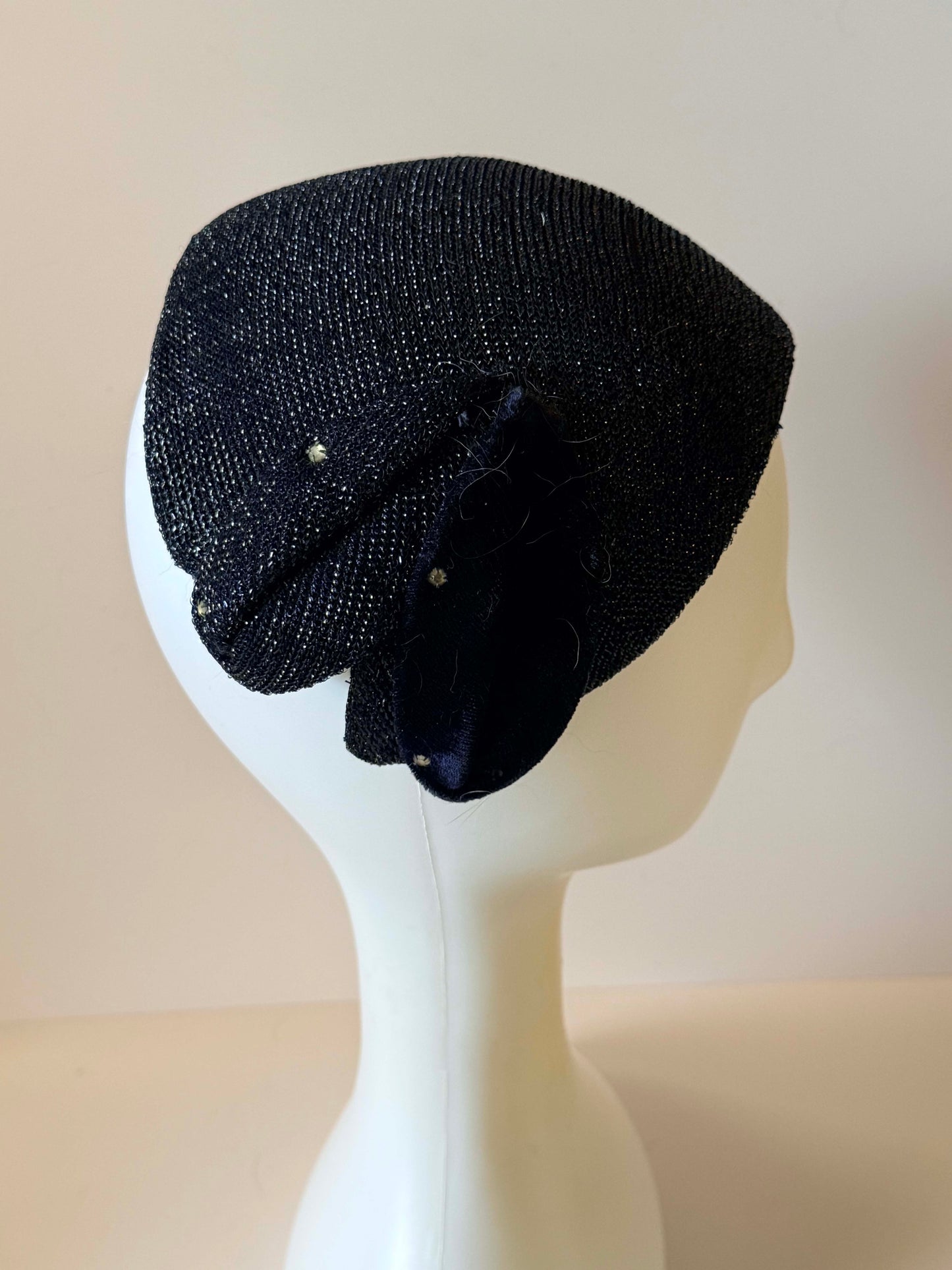 Vintage Navy Blue Silvery Hat | 1960s Half Hat | Structured Navy Metallic Half Hat | Mid Century Millinery | Wedding Guest Hat