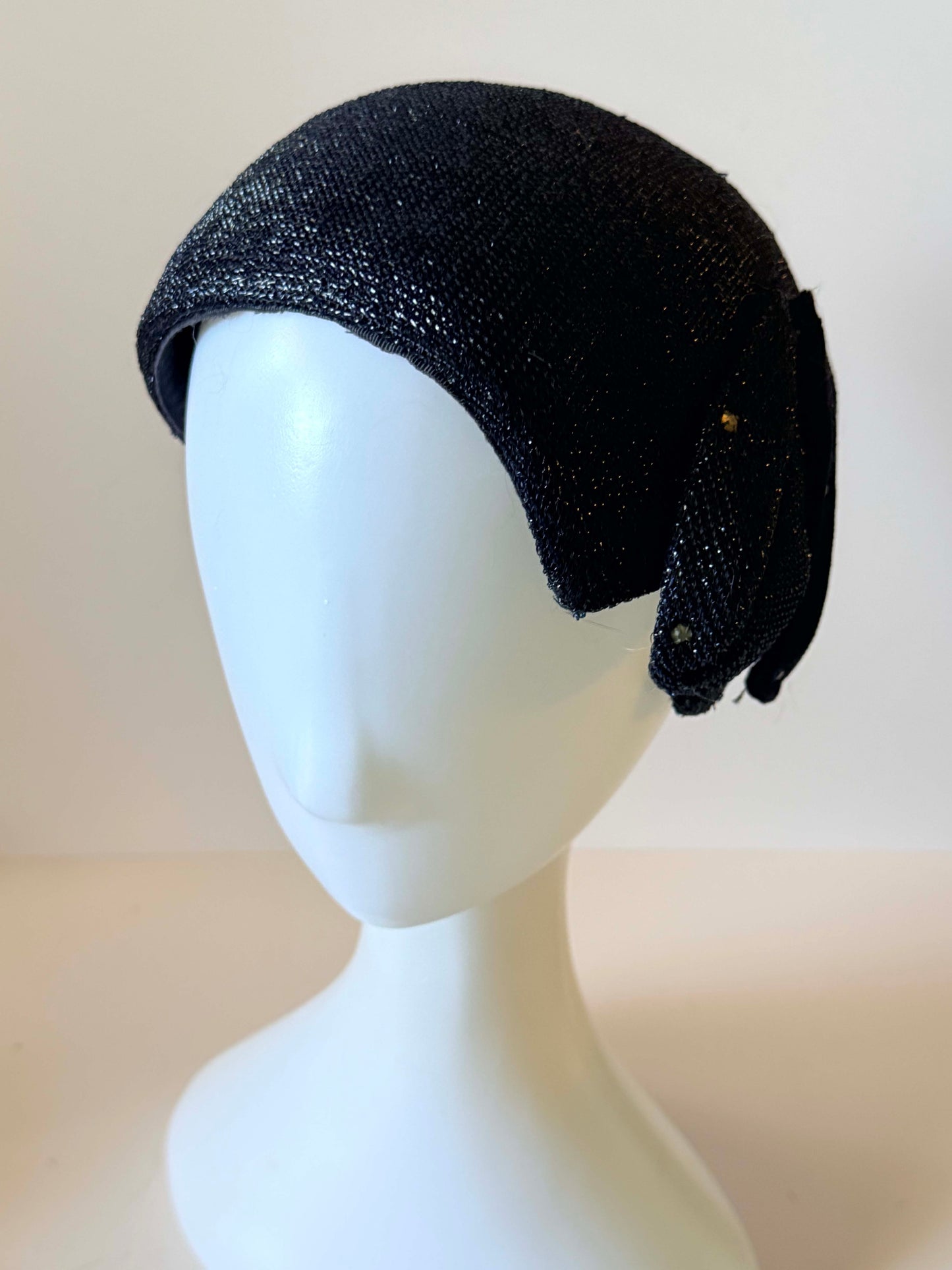 Vintage Navy Blue Silvery Hat | 1960s Half Hat | Structured Navy Metallic Half Hat | Mid Century Millinery | Wedding Guest Hat
