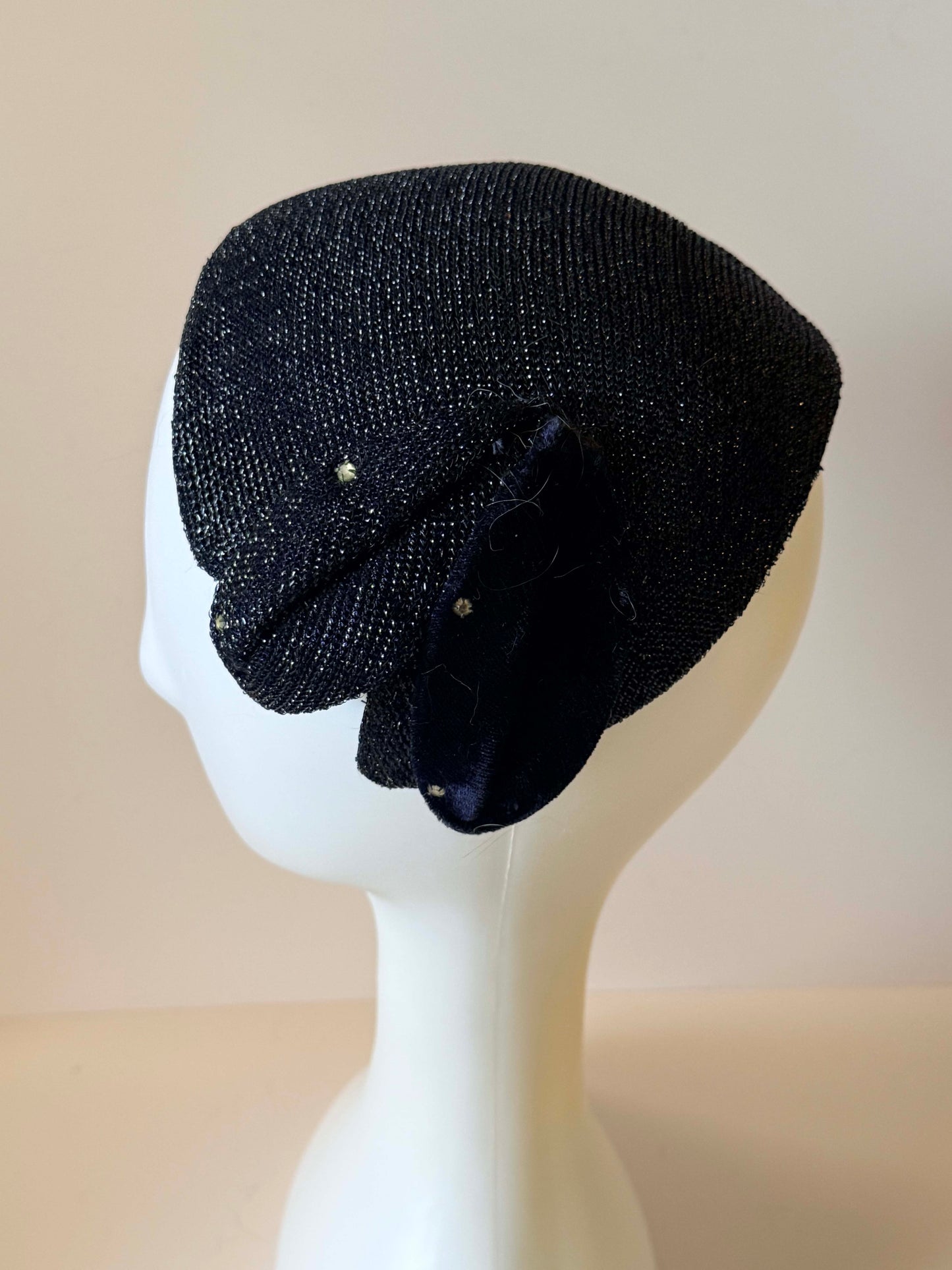 Vintage Navy Blue Silvery Hat | 1960s Half Hat | Structured Navy Metallic Half Hat | Mid Century Millinery | Wedding Guest Hat