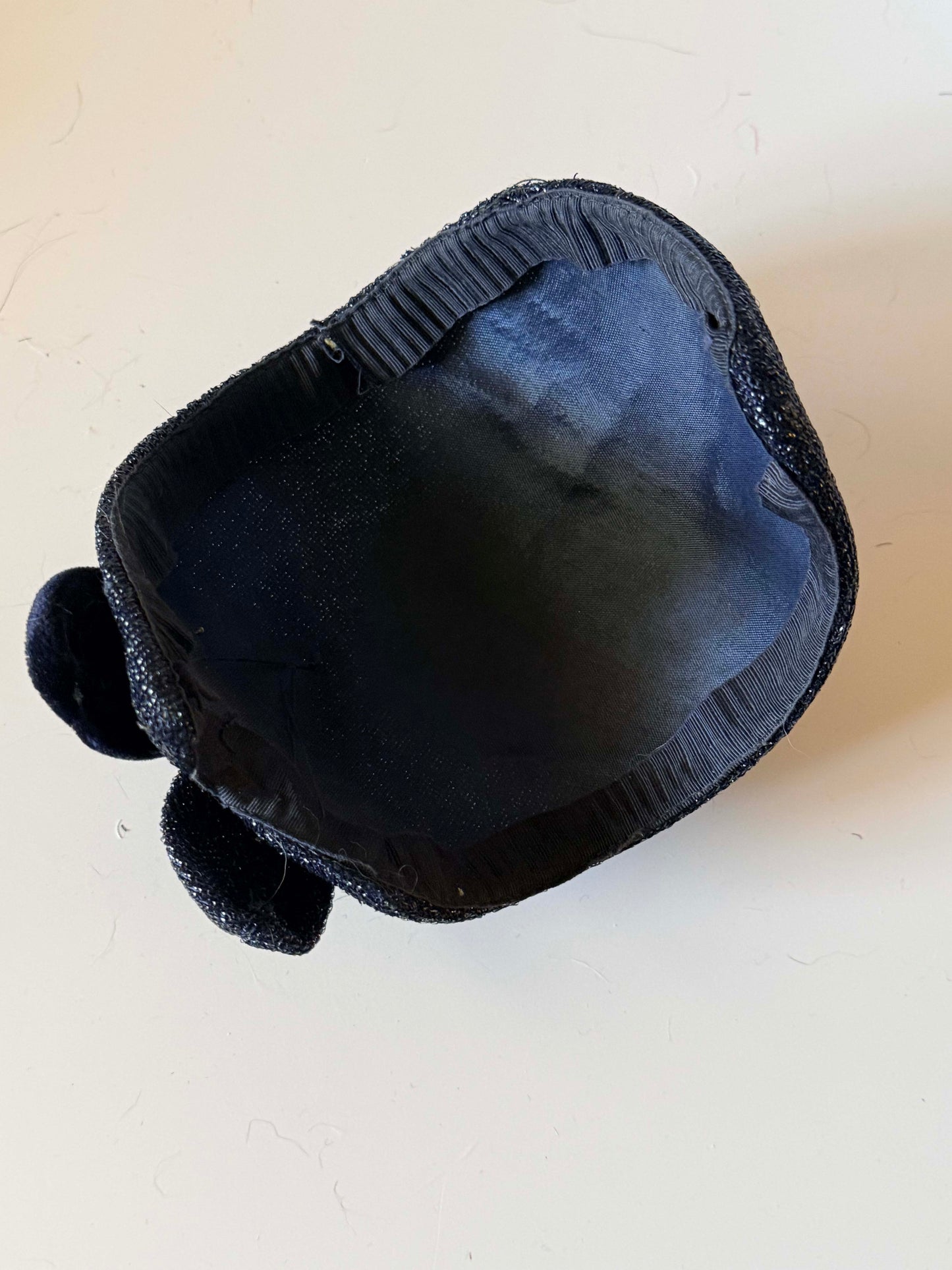 Vintage Navy Blue Silvery Hat | 1960s Half Hat | Structured Navy Metallic Half Hat | Mid Century Millinery | Wedding Guest Hat