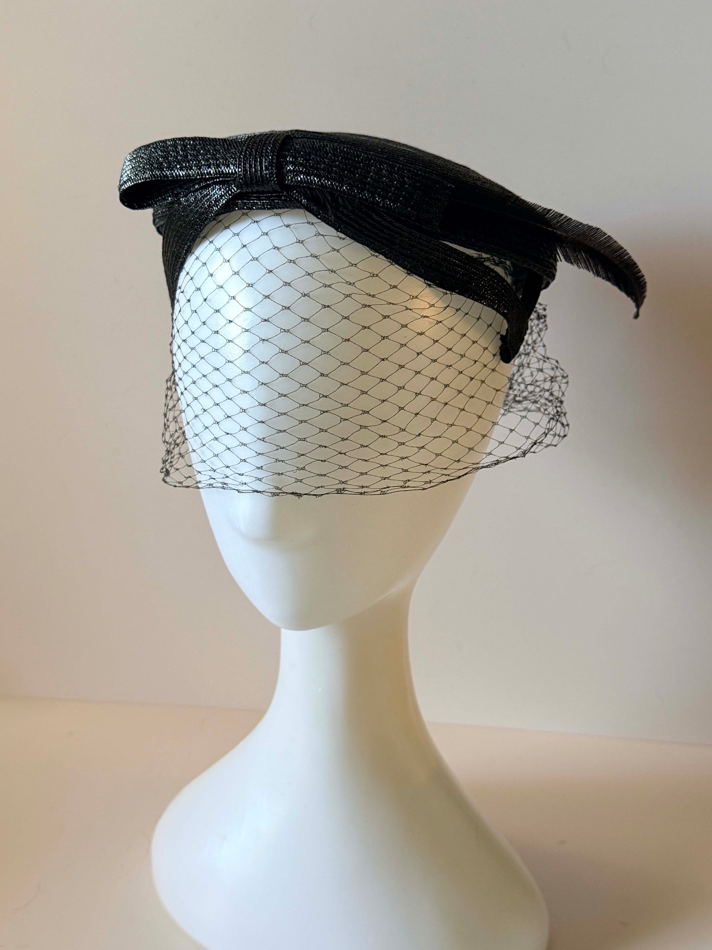 Vintage Black Veiled Hat | Feather Accent Tilt Hat | Sculptural Bow Hat | 1950s Tilt Hat | Birdcage Veil Millinery