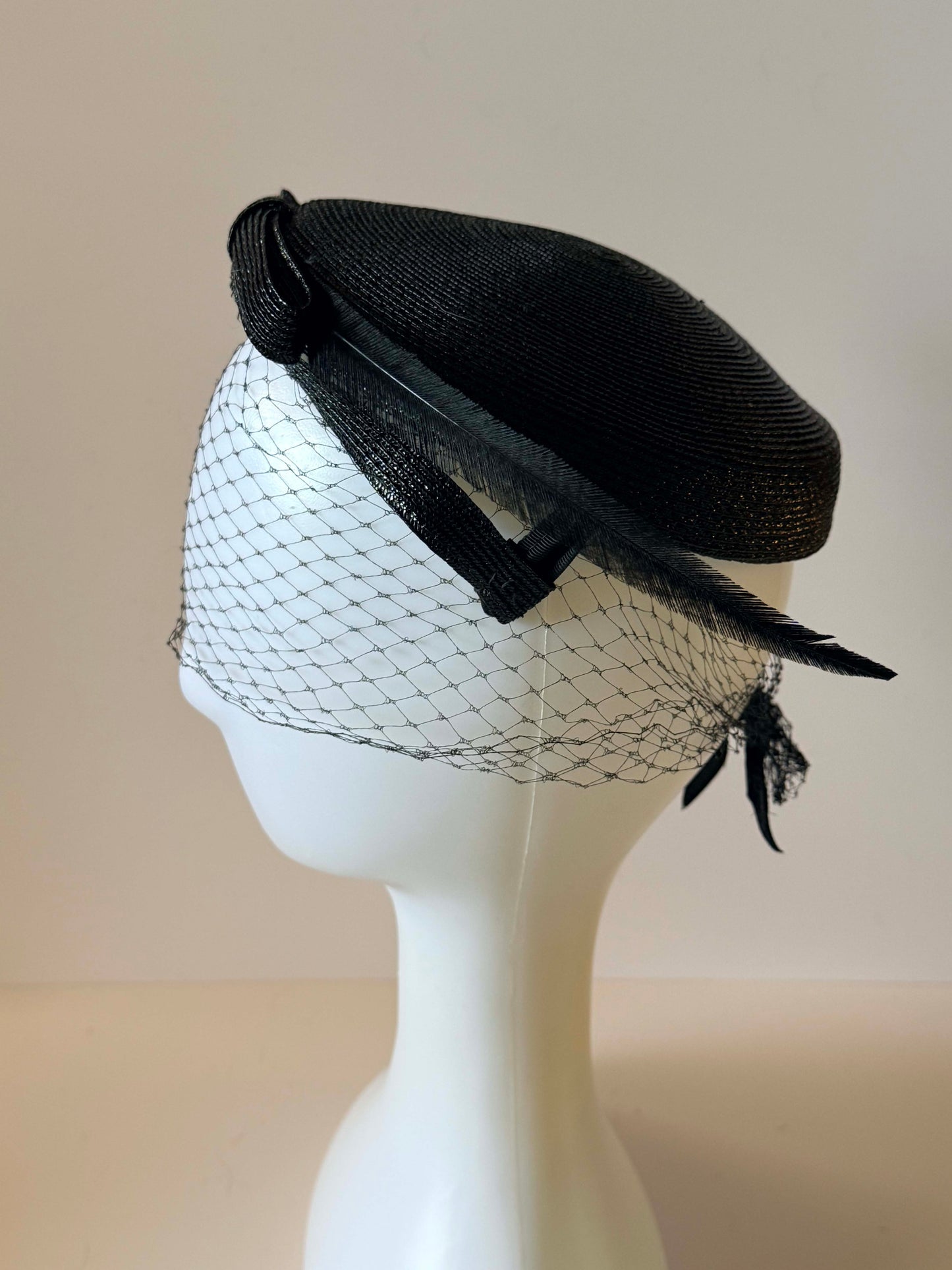 Vintage Black Veiled Hat | Feather Accent Tilt Hat | Sculptural Bow Hat | 1950s Tilt Hat | Birdcage Veil Millinery
