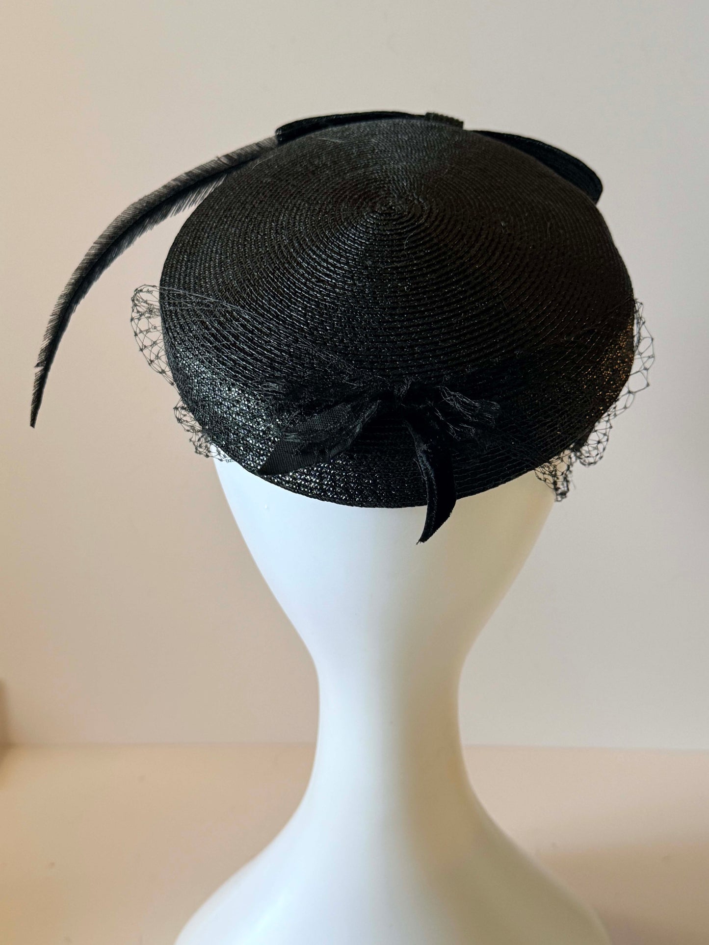 Vintage Black Veiled Hat | Feather Accent Tilt Hat | Sculptural Bow Hat | 1950s Tilt Hat | Birdcage Veil Millinery