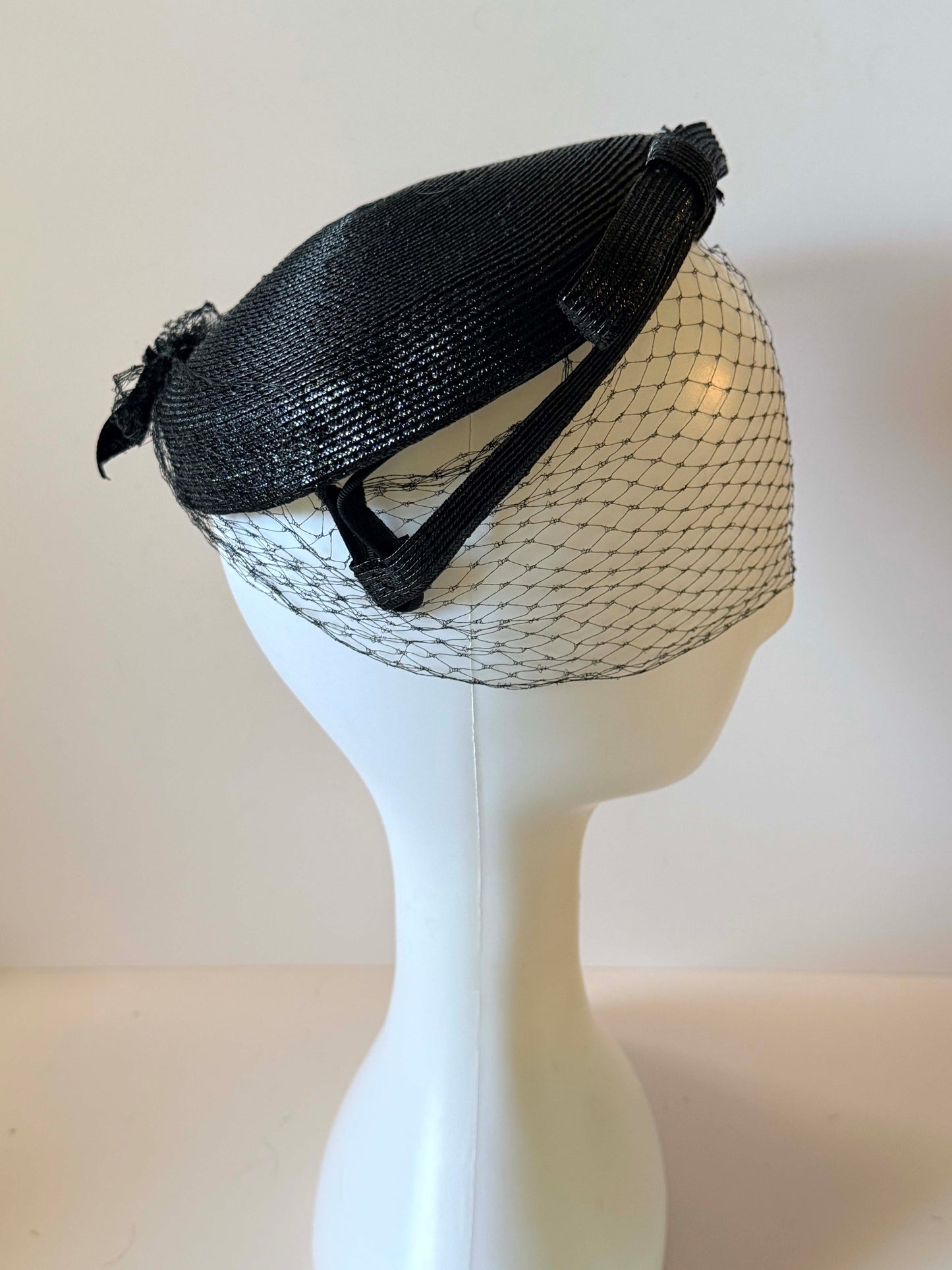 Vintage Black Veiled Hat | Feather Accent Tilt Hat | Sculptural Bow Hat | 1950s Tilt Hat | Birdcage Veil Millinery