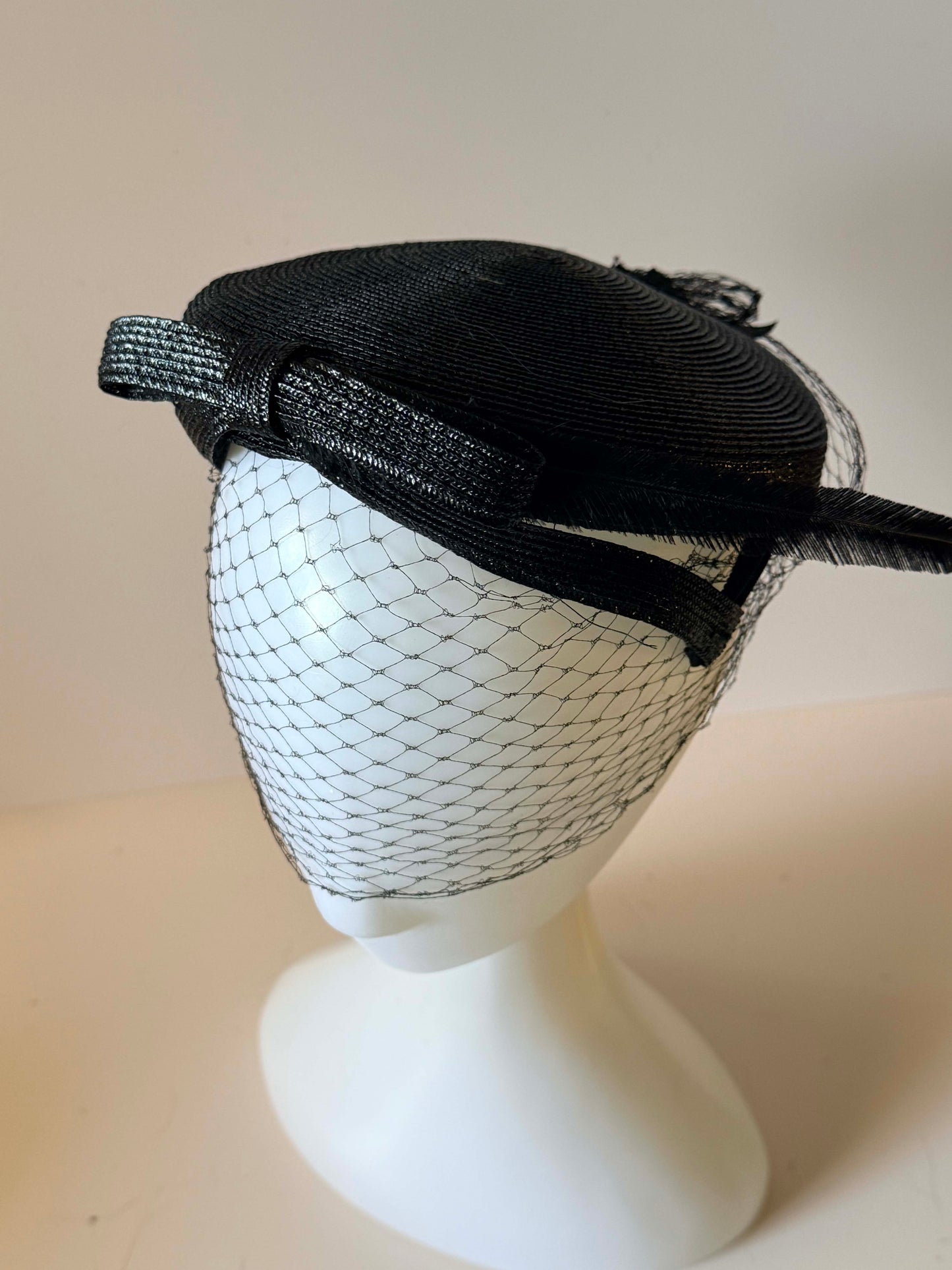 Vintage Black Veiled Hat | Feather Accent Tilt Hat | Sculptural Bow Hat | 1950s Tilt Hat | Birdcage Veil Millinery