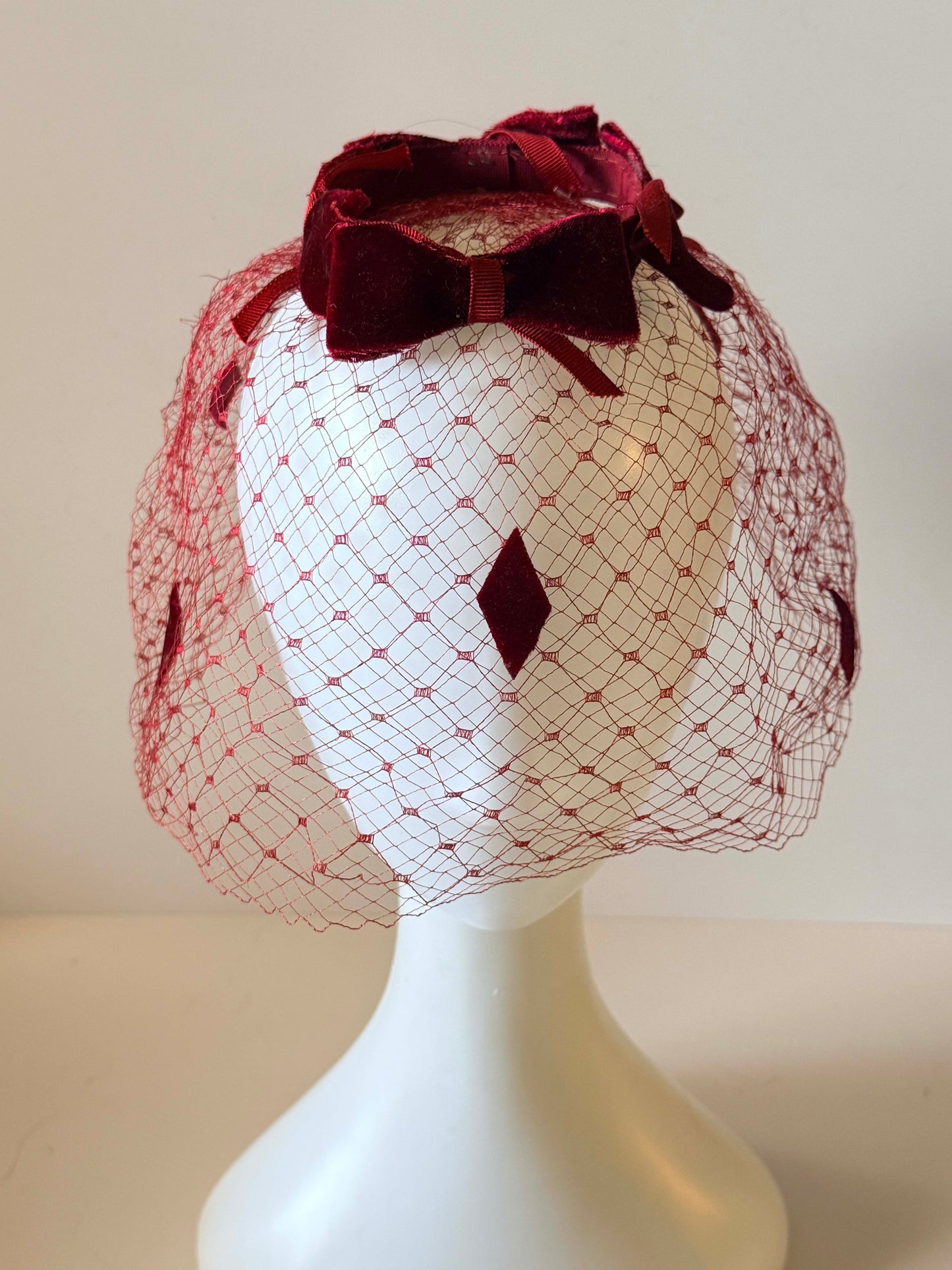 Vintage Burgundy Velvet Bow Birdcage Veil Fascinator | 1950s Inspired Veiled Cocktail Hat | Holiday Party Headpiece | Editorial Bridal Veil