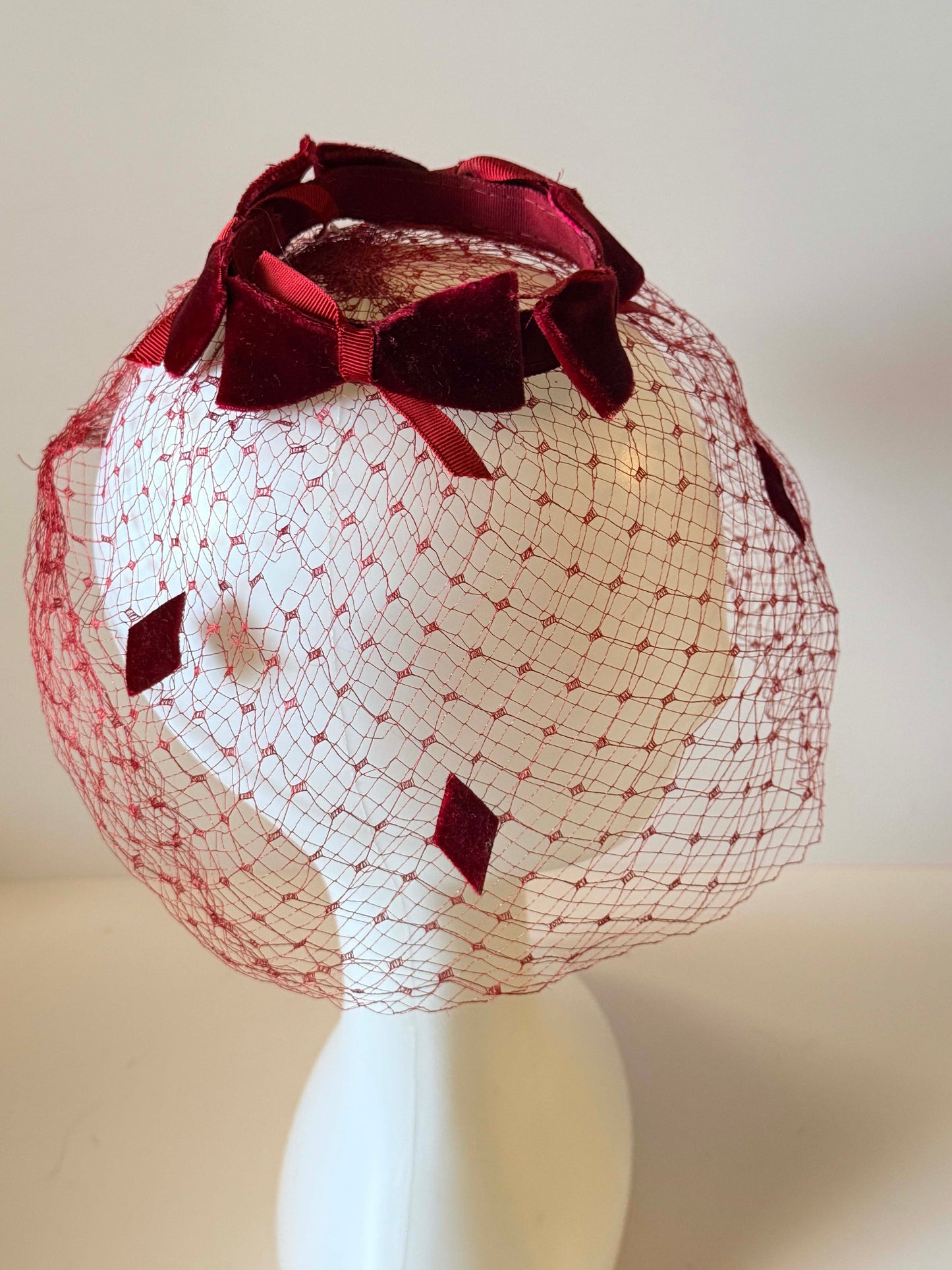Vintage Burgundy Velvet Bow Birdcage Veil Fascinator | 1950s Inspired Veiled Cocktail Hat | Holiday Party Headpiece | Editorial Bridal Veil