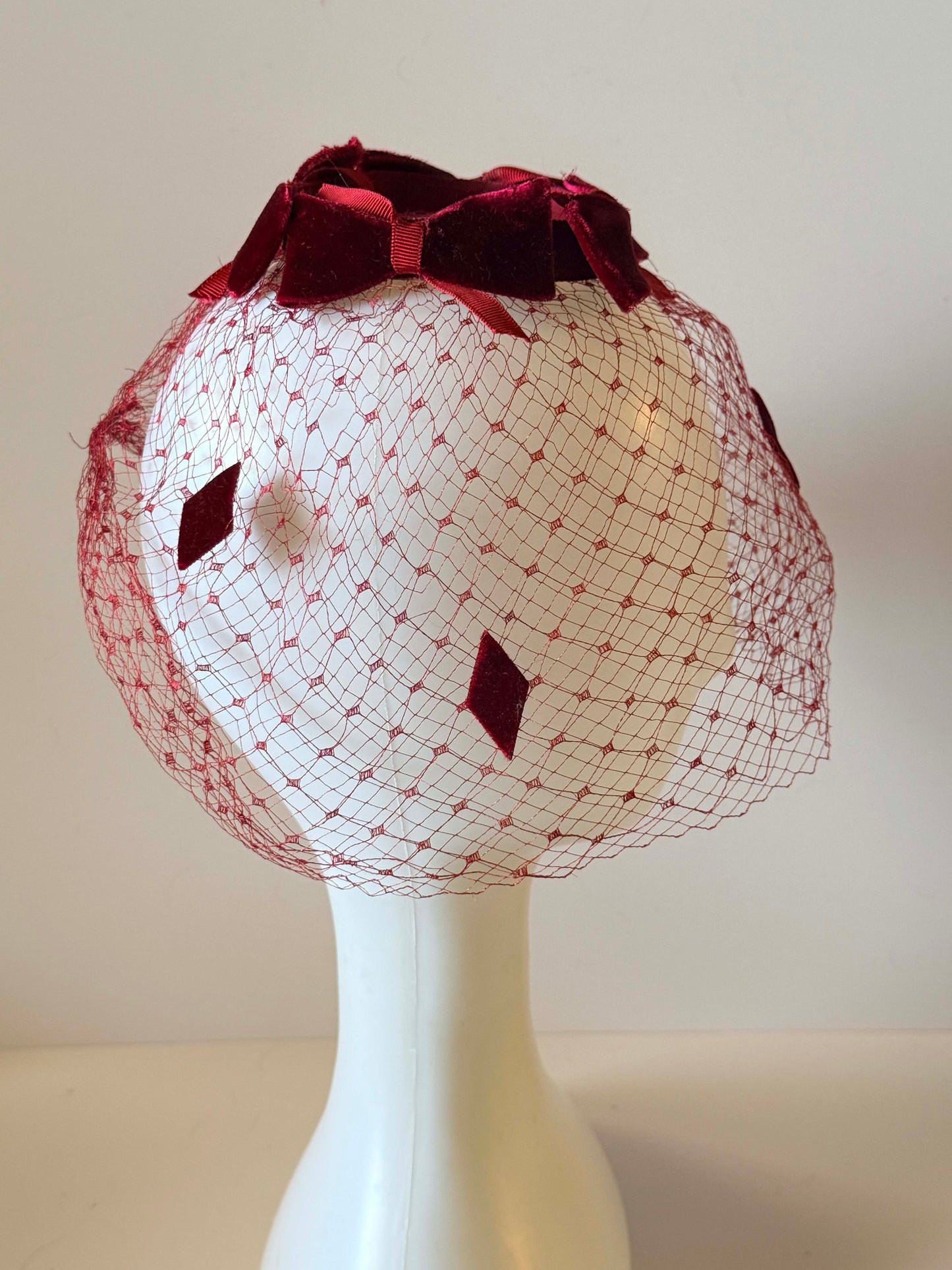 Vintage Burgundy Velvet Bow Birdcage Veil Fascinator | 1950s Inspired Veiled Cocktail Hat | Holiday Party Headpiece | Editorial Bridal Veil
