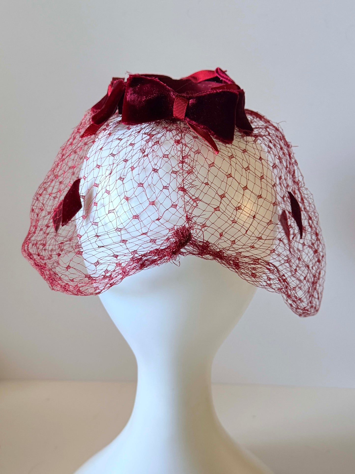Vintage Burgundy Velvet Bow Birdcage Veil Fascinator | 1950s Inspired Veiled Cocktail Hat | Holiday Party Headpiece | Editorial Bridal Veil