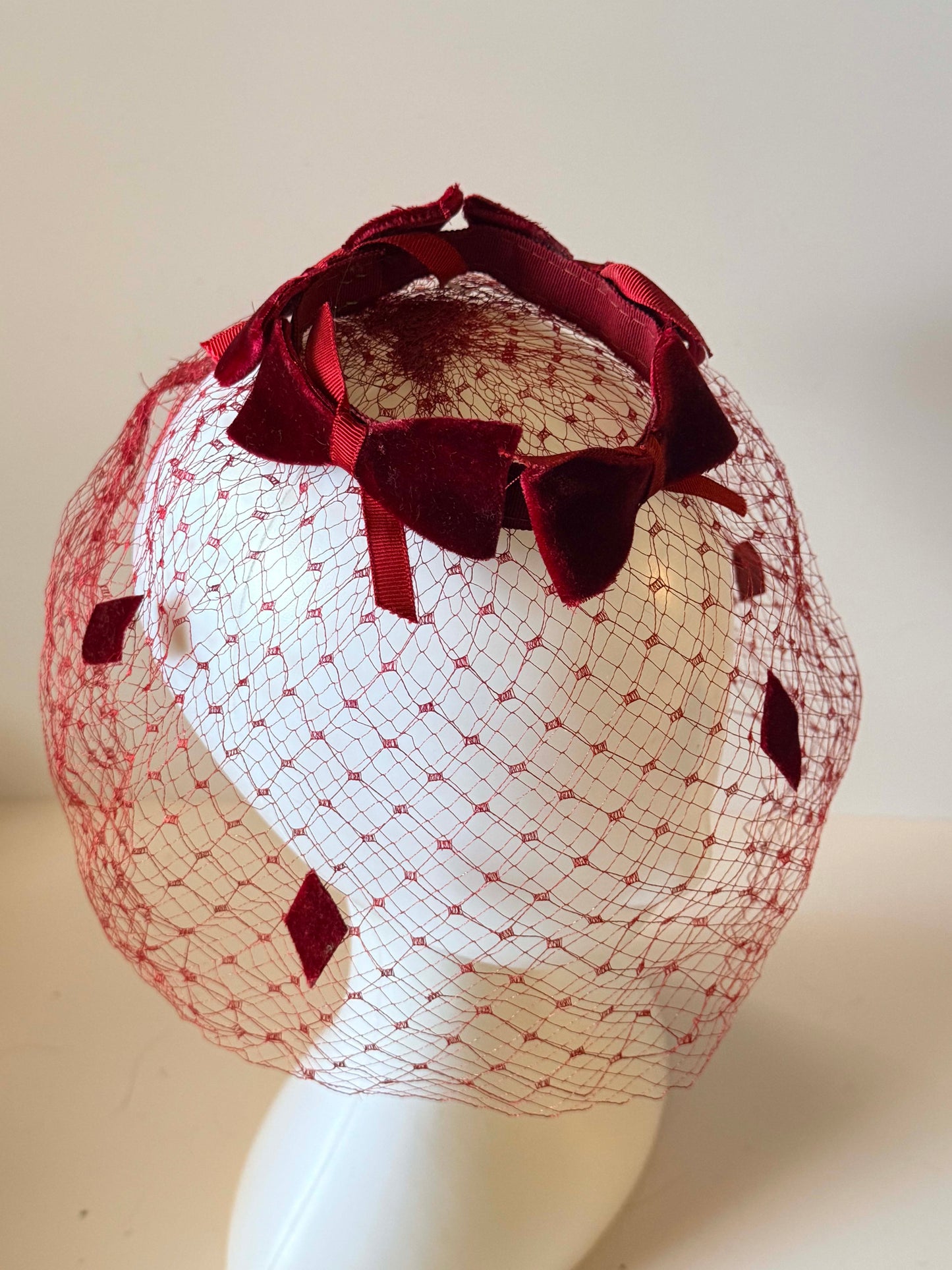 Vintage Burgundy Velvet Bow Birdcage Veil Fascinator | 1950s Inspired Veiled Cocktail Hat | Holiday Party Headpiece | Editorial Bridal Veil